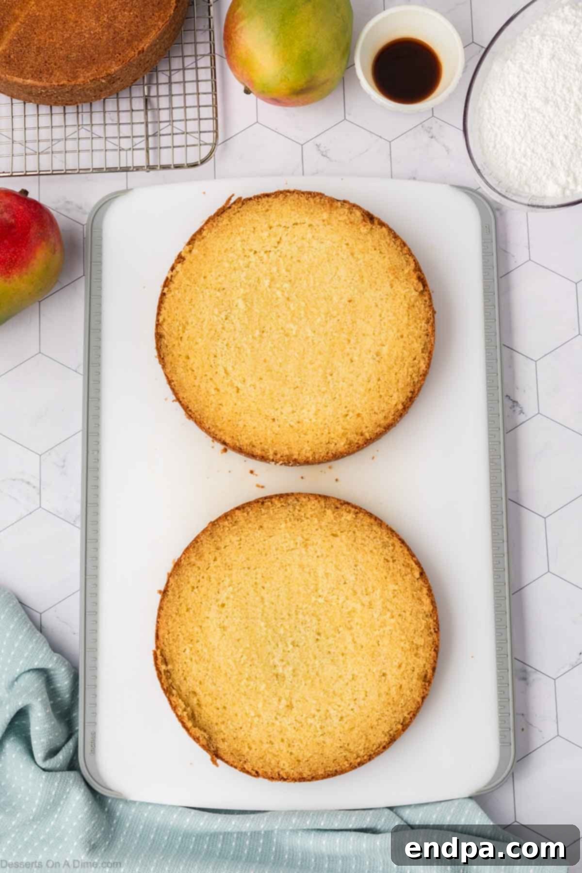 Two cake layers, each horizontally sliced into two thinner layers, creating four total layers for stacking.