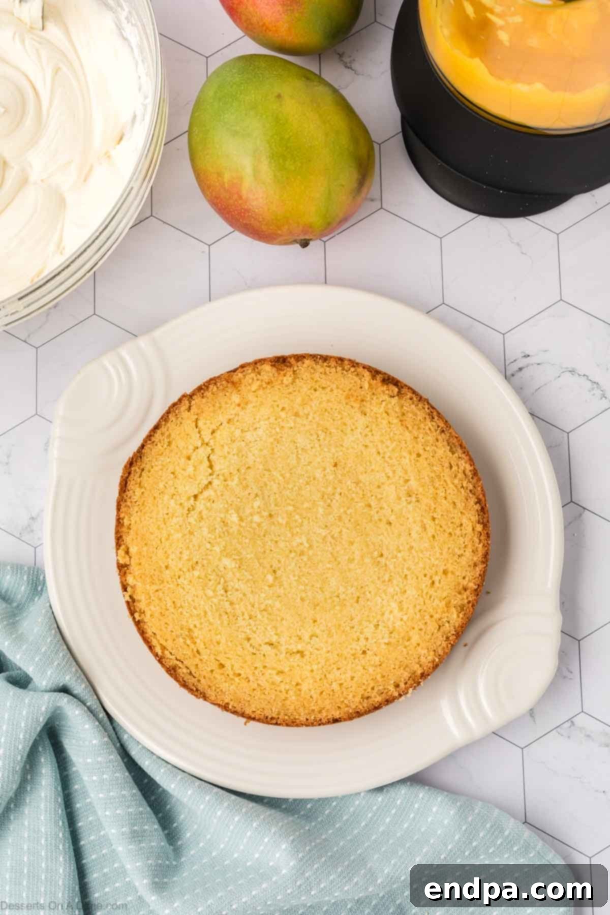 The first layer of vanilla cake placed onto a cake stand or serving platter, ready for assembly.