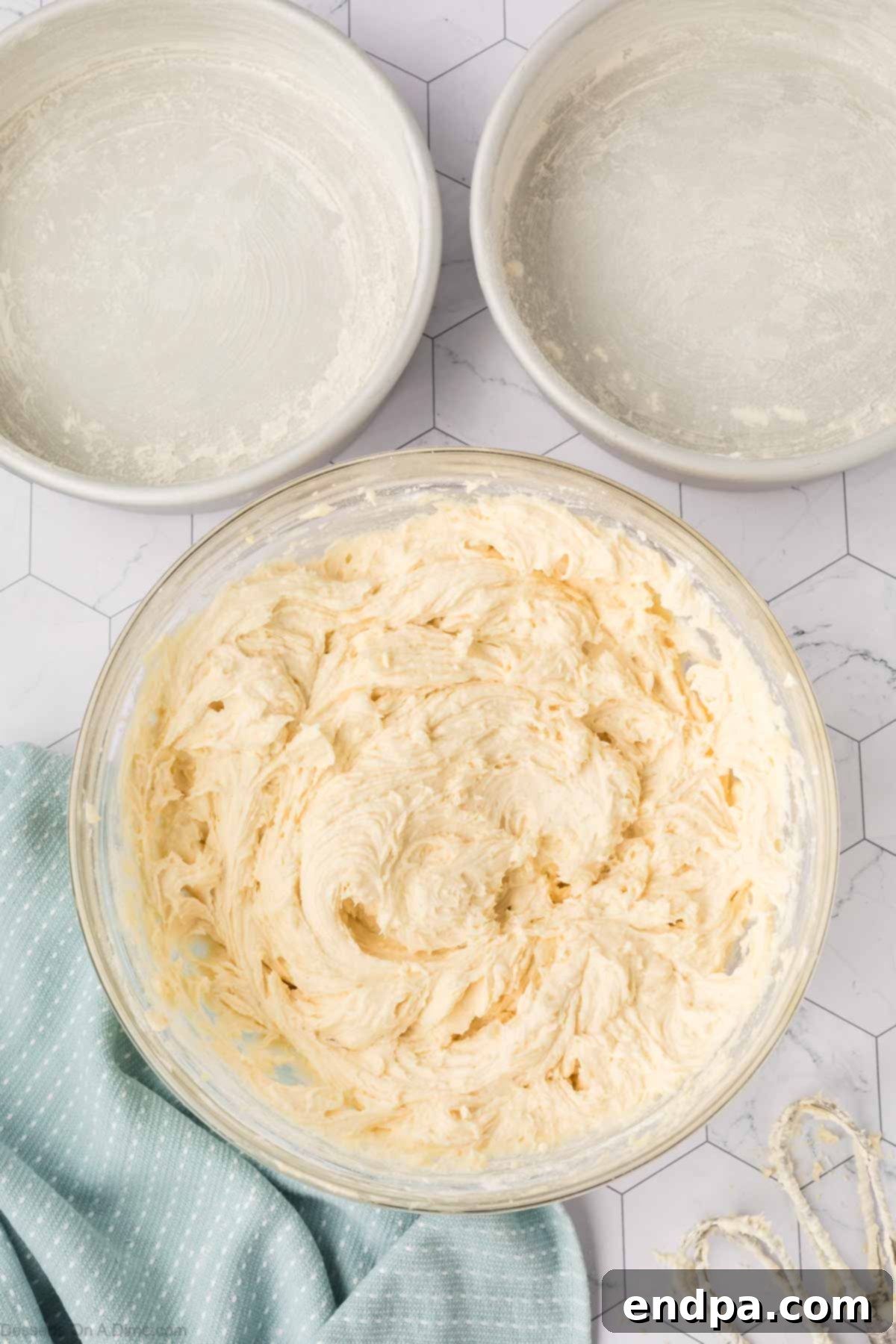 Completed cake batter, mixed until just combined and ready for baking.