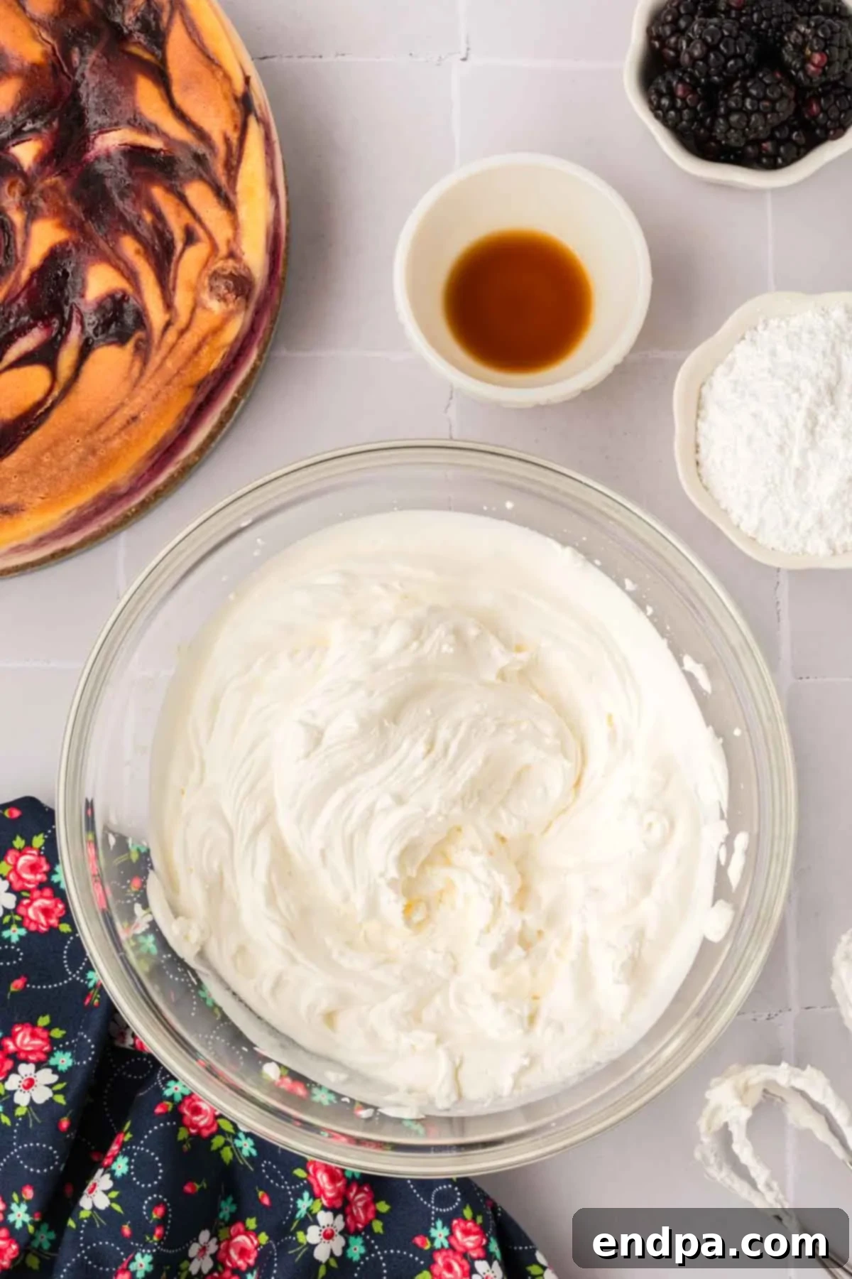 Heavy cream whipped to stiff peaks with powdered sugar and vanilla extract incorporated.