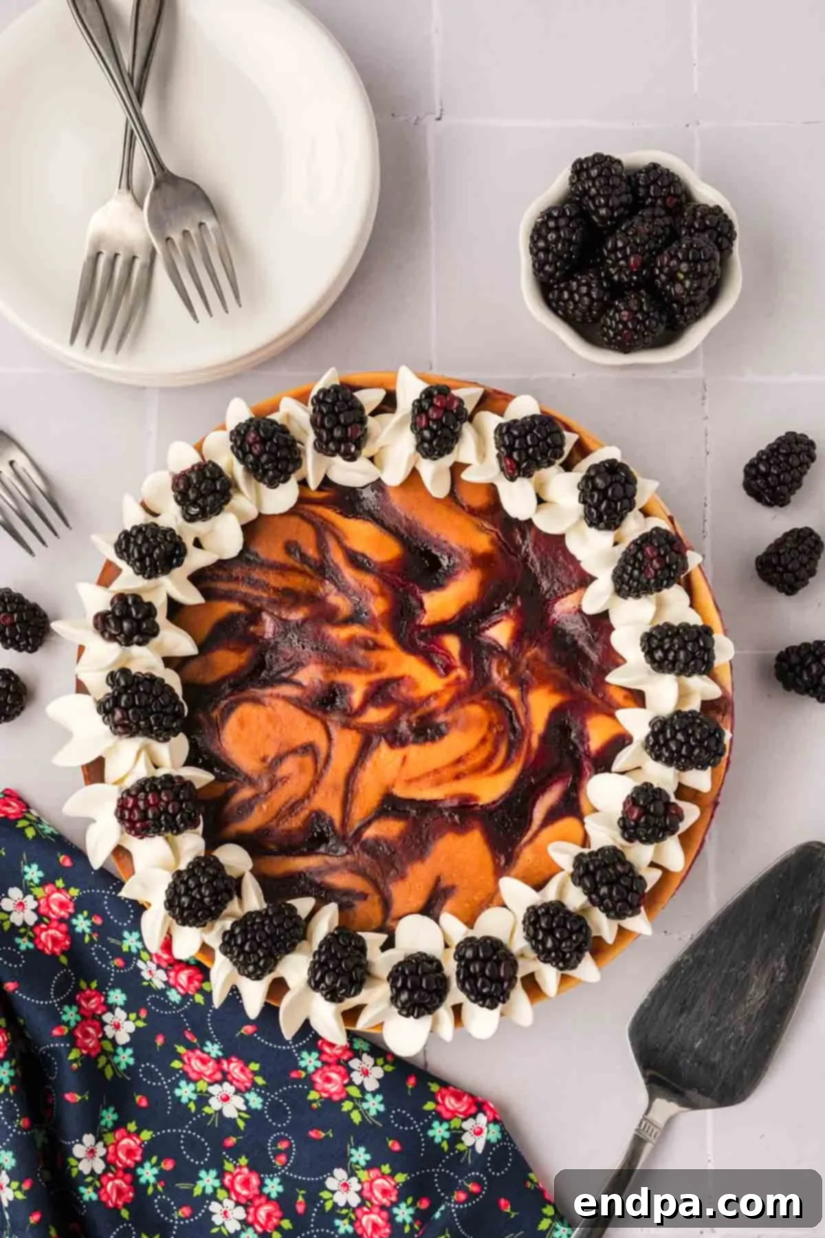 A stunning Blackberry Cheesecake, beautifully topped with generous swirls of whipped cream and garnished with fresh, juicy blackberries.