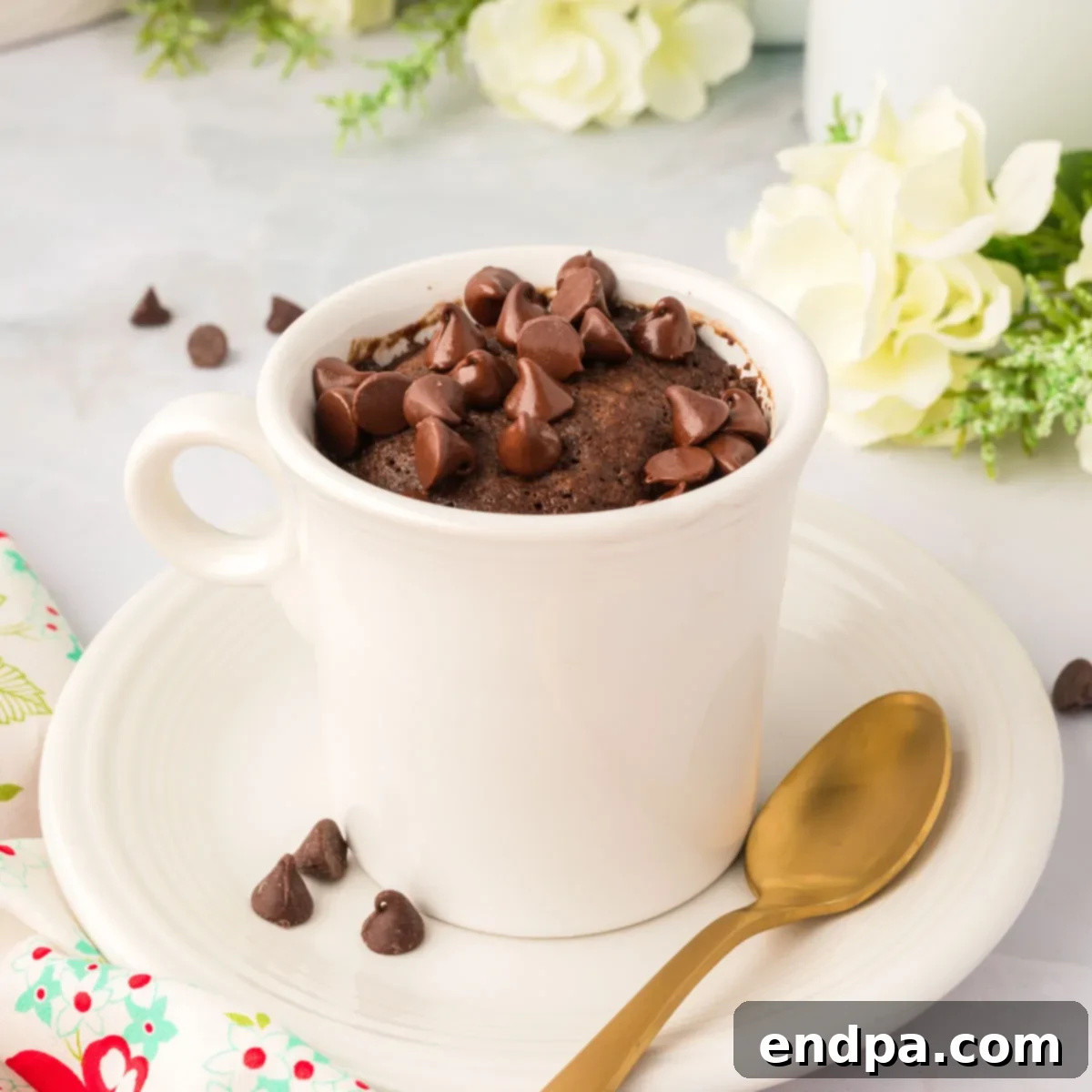 keto mug cake topped with chocolate chips.