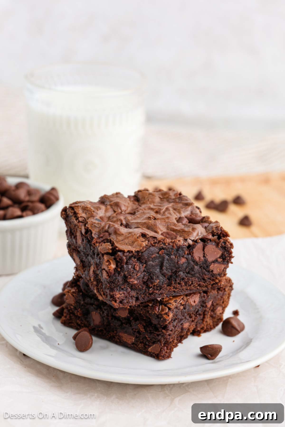 Beautifully cut and stacked fudgy brownies, showcasing their rich texture and crinkly tops.