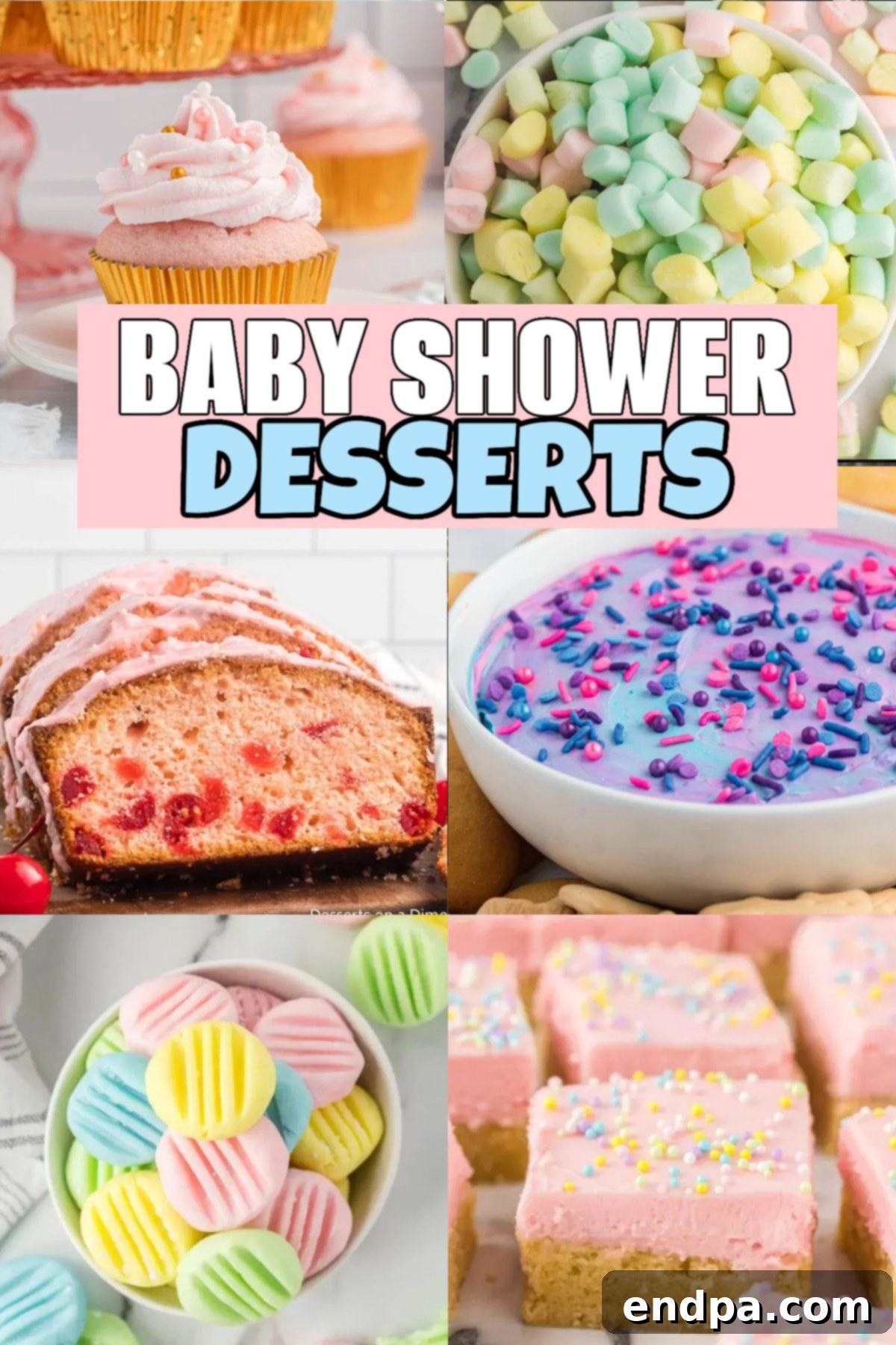 Sweet Bites for Baby's Arrival 2 This image includes pink champagne cupcakes, butter mints, cherry bread, unicorn dip, cream cheese mints, sugar cookie bars, showcasing a delightful array of baby shower desserts.