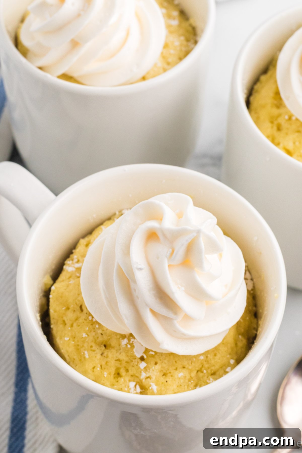 A beautifully presented keto coconut flour mug cake topped with whipped cream and a sprinkle of Swerve, ready to be eaten.