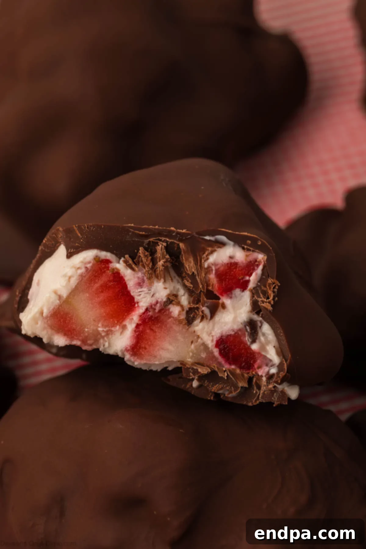 Finished Strawberry Yogurt Bites, chocolate-covered and frozen, ready to be enjoyed.