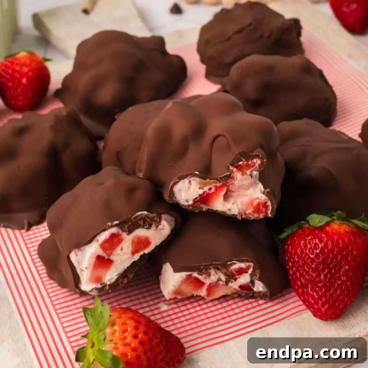 Delicious Strawberry Yogurt Bites, chocolate-covered and frozen, ready to be enjoyed.