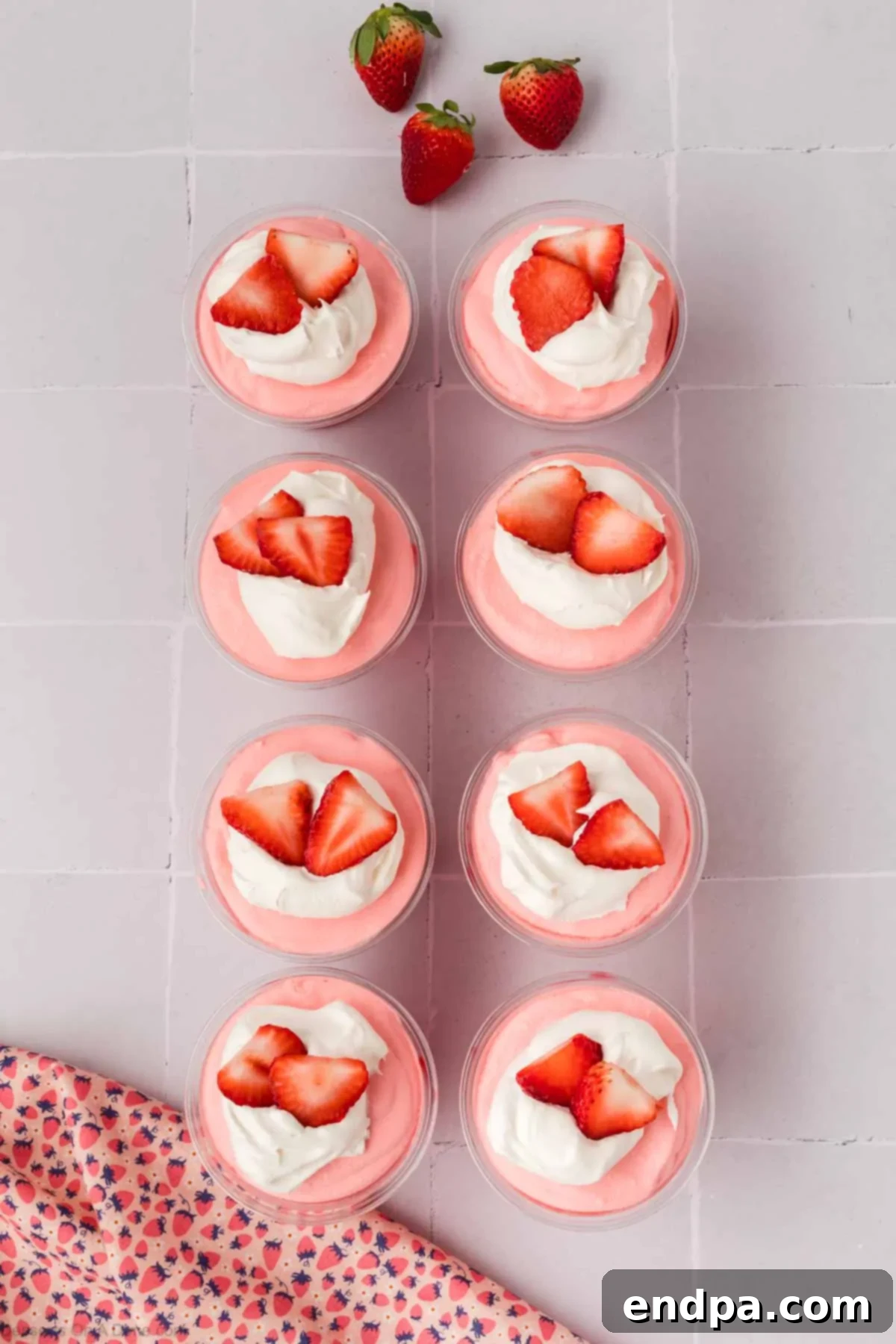 Completed Strawberry Jello Parfaits, garnished with a dollop of whipped cream and fresh strawberry slices.