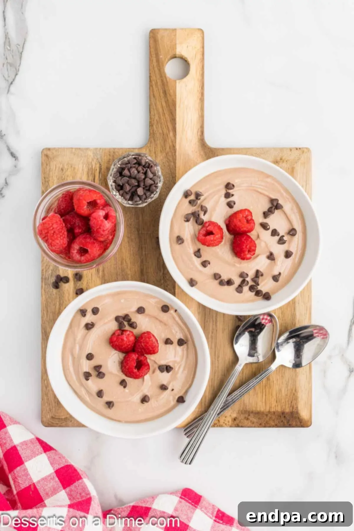 Wholesome Curd Delight 5 Finished chocolate cottage cheese pudding poured into two elegant bowls, topped with a sprinkle of chocolate chips and fresh raspberries.