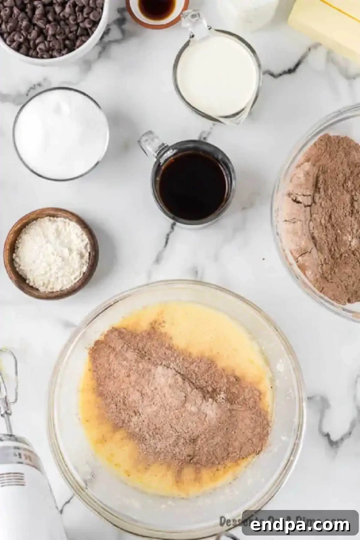 A mixing bowl filled with dry cake ingredients: flour, cocoa powder, baking soda, baking powder, and salt, ready to be combined.