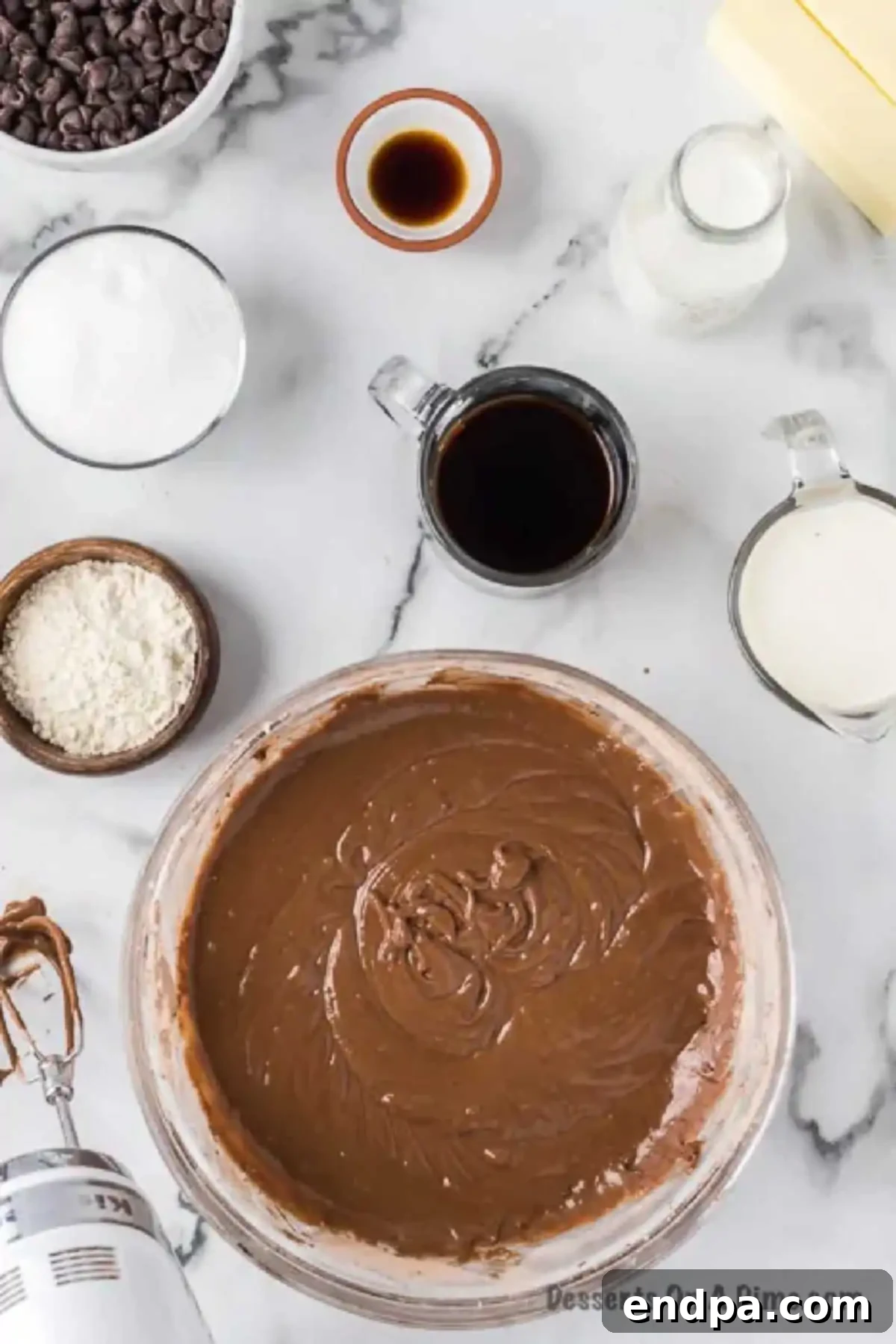 A separate mixing bowl showing wet and dry ingredients partially combined for the cake batter.