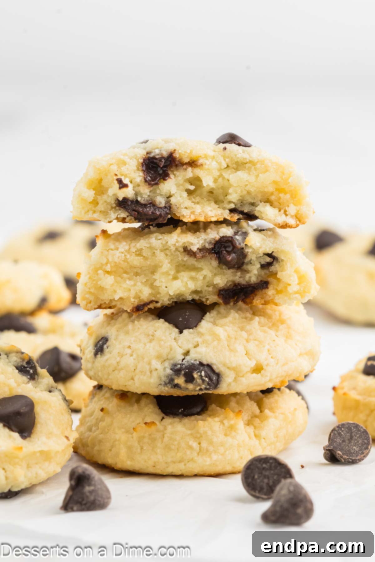 Freshly baked cottage cheese chocolate chip cookies on a cooling rack, loaded with melty chocolate chips.