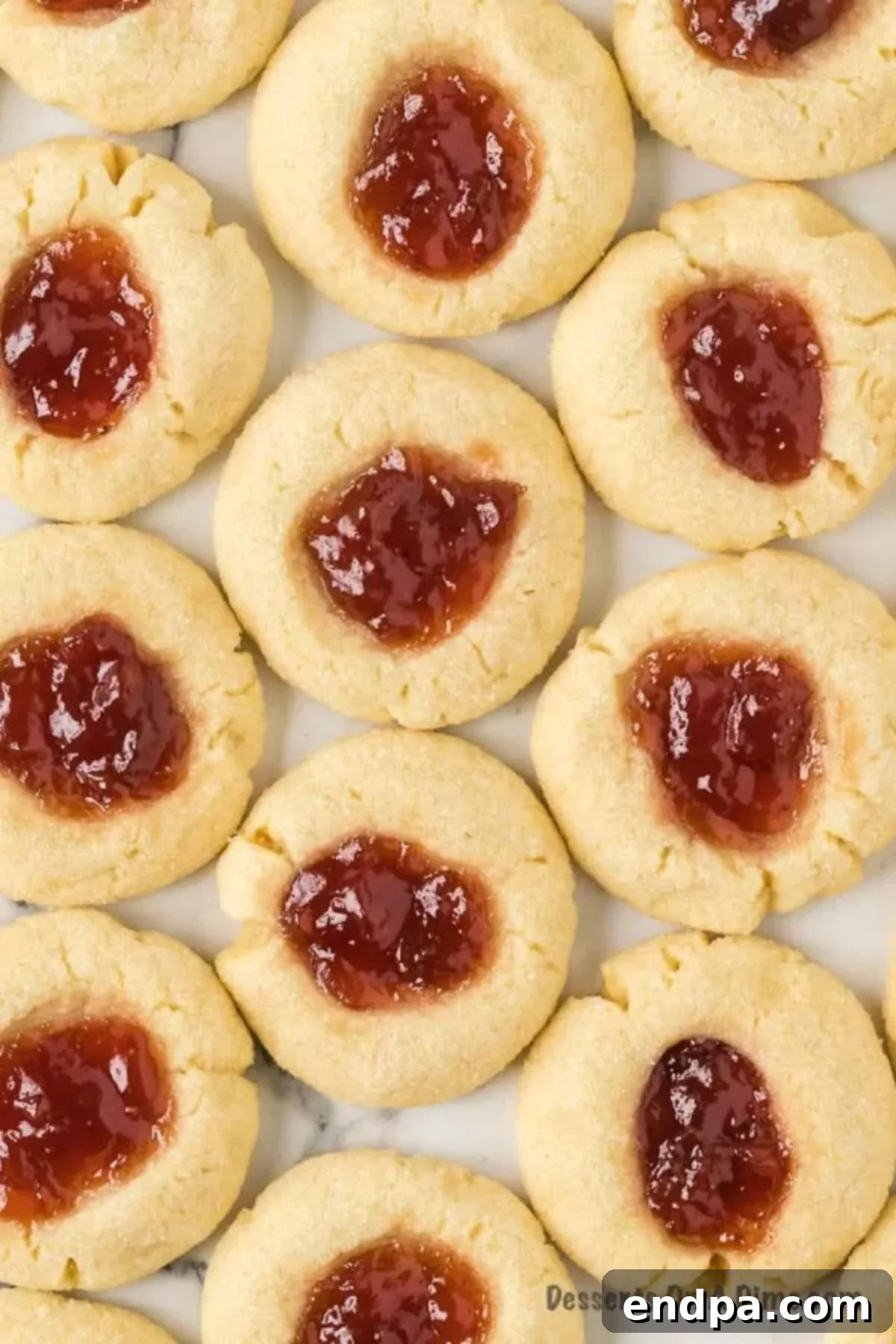 THUMBPRINT JAM COOKIES 12 Arrangement of various Jam Thumbprint Cookies on a kitchen counter, ready to be enjoyed.