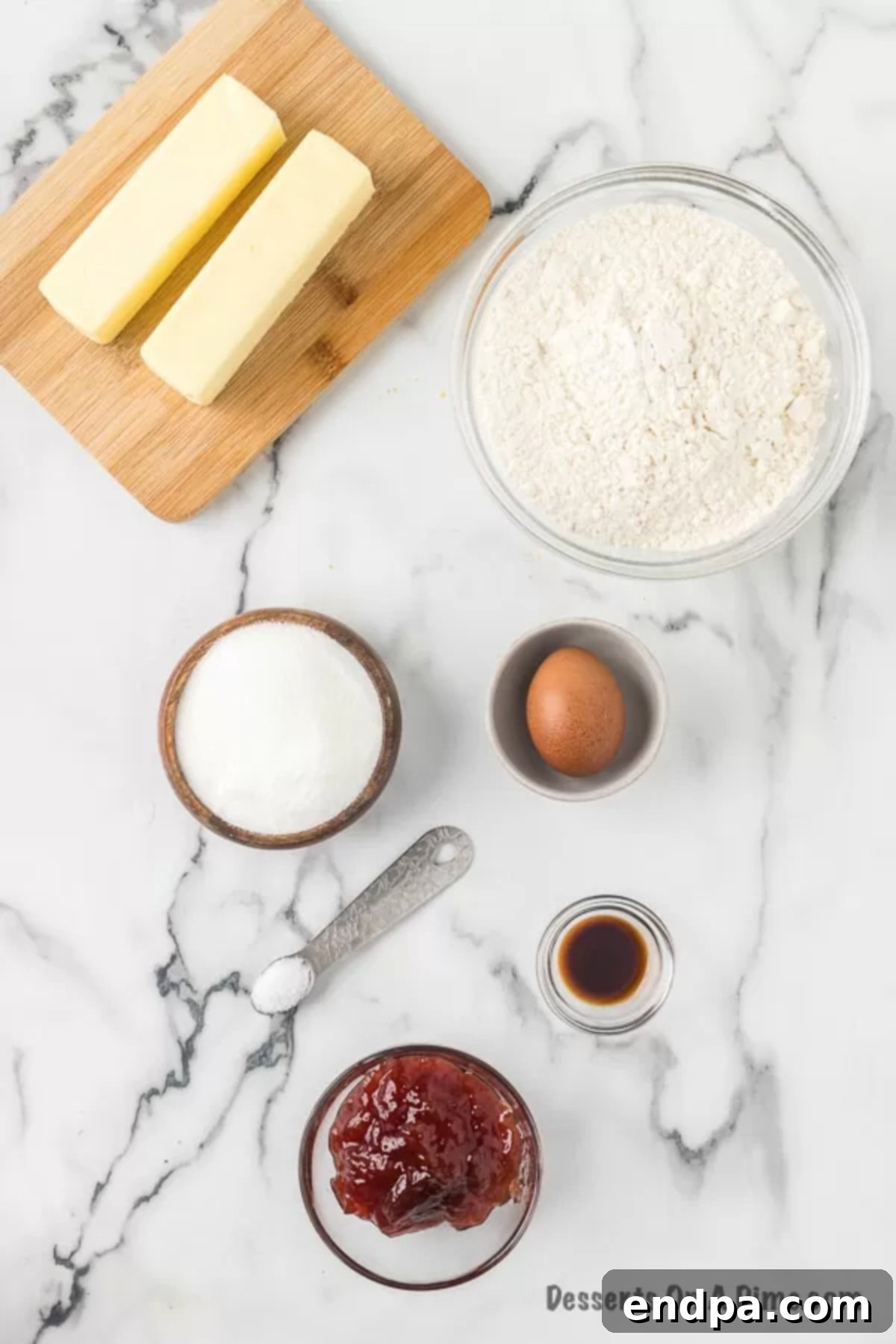THUMBPRINT JAM COOKIES 3 Ingredients for Homemade Jam Thumbprint Cookies: softened butter, granulated sugar, a large egg yolk, vanilla extract, all-purpose flour, and your chosen jam.