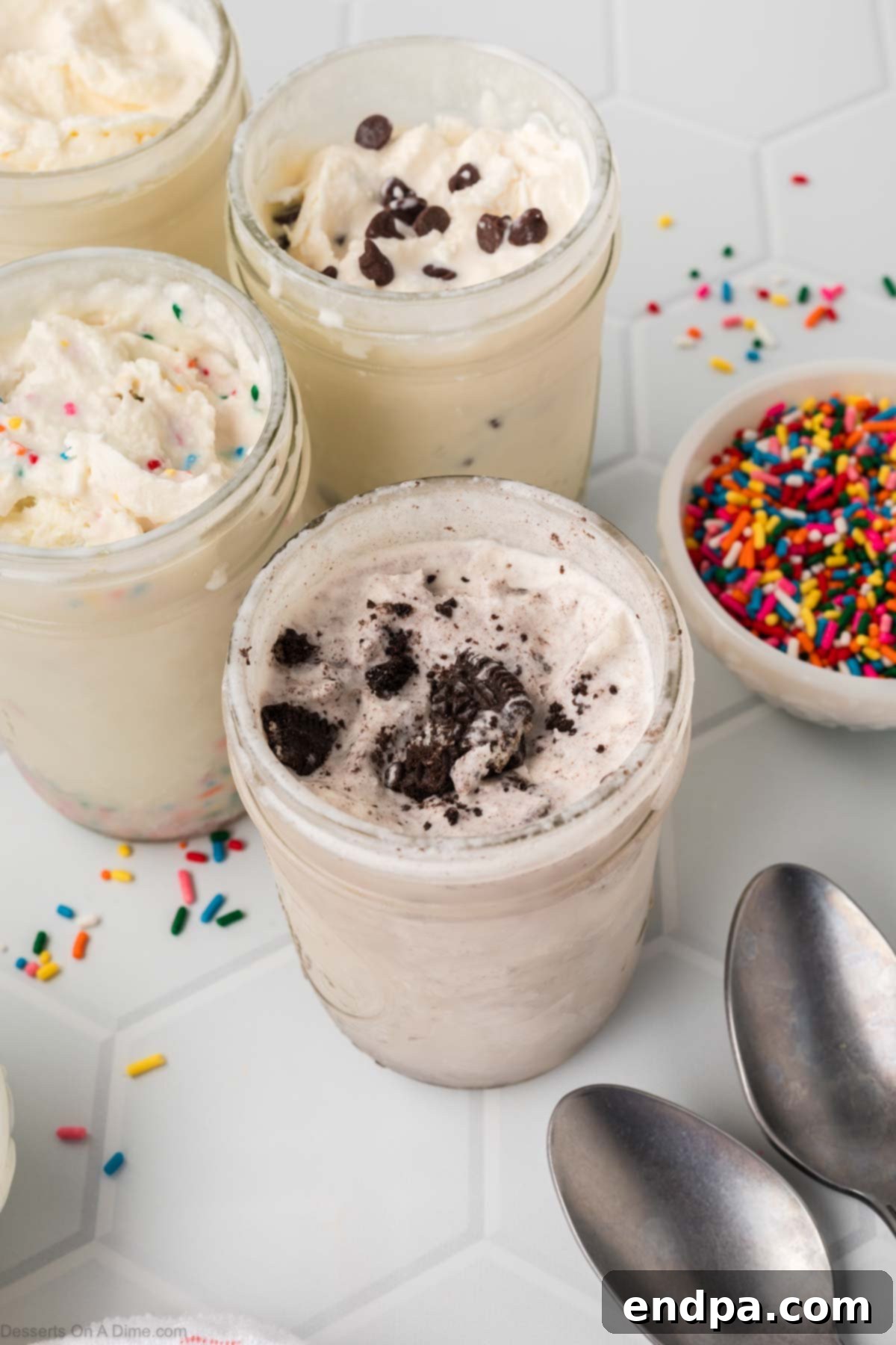 Delicious Mason jar ice cream with a variety of colorful toppings, ready to be enjoyed.