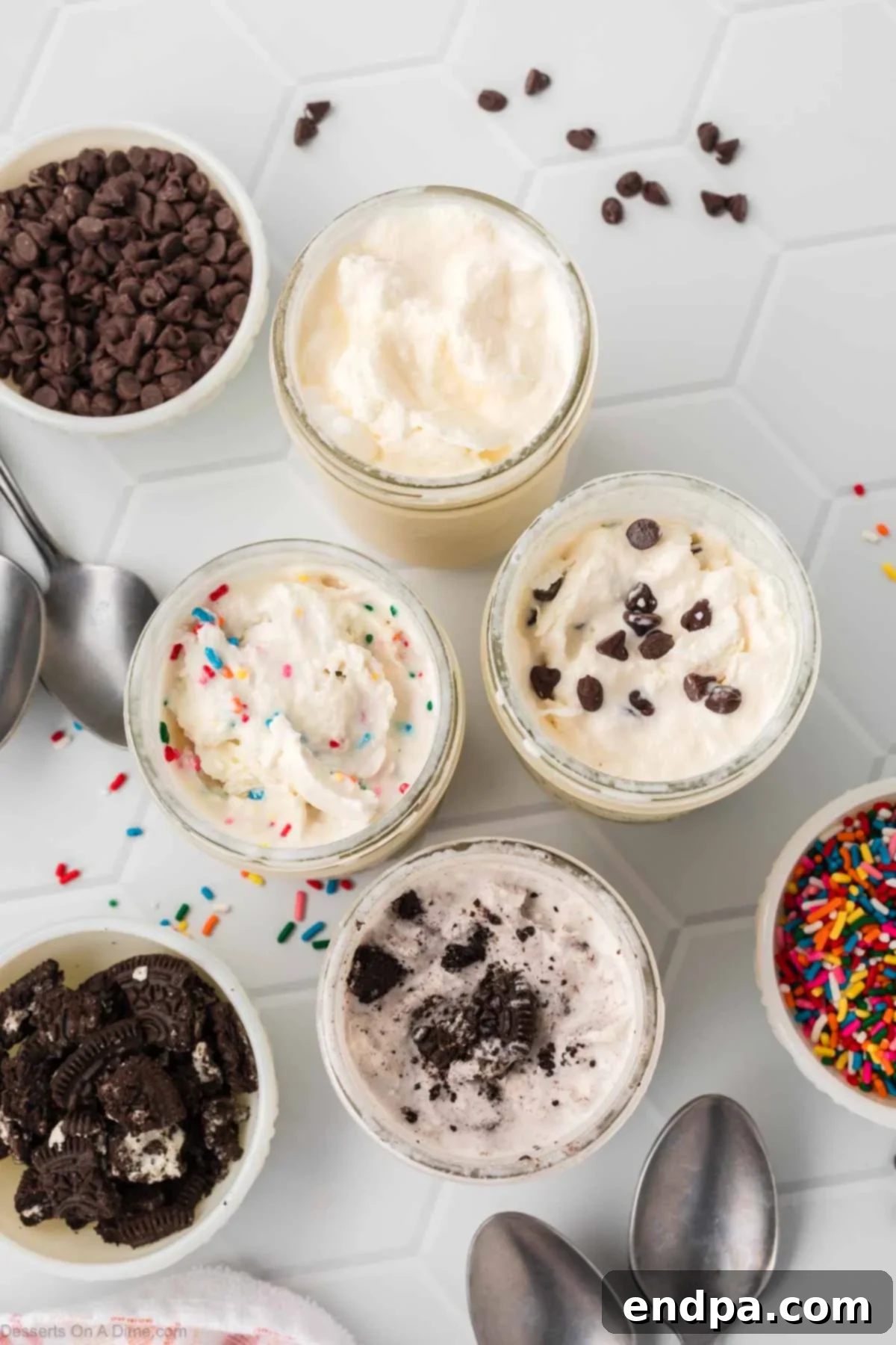 A close-up shot of creamy Mason jar ice cream, topped with sprinkles and a spoon, ready for a delightful bite.