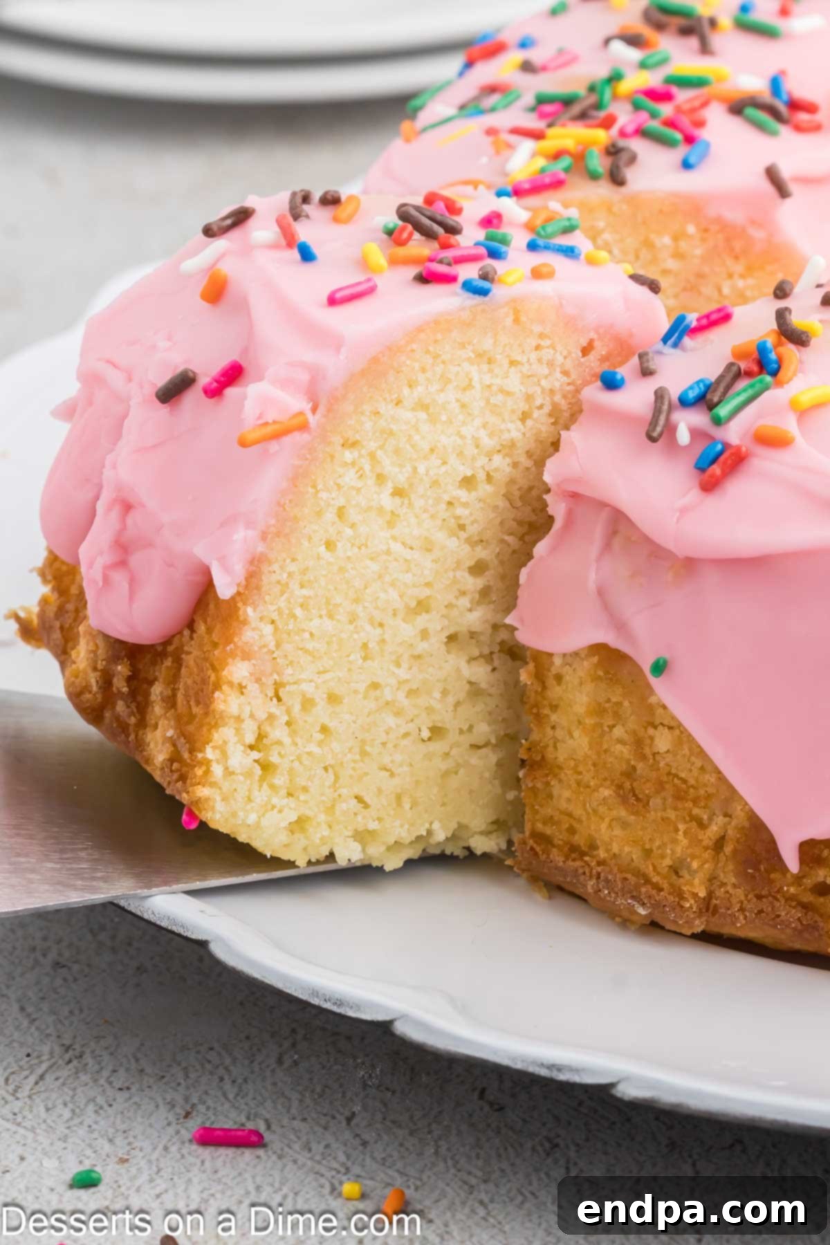 A beautifully sliced Donut Cake on a serving platter, showing its soft, fluffy interior and vibrant pink icing with colorful sprinkles.
