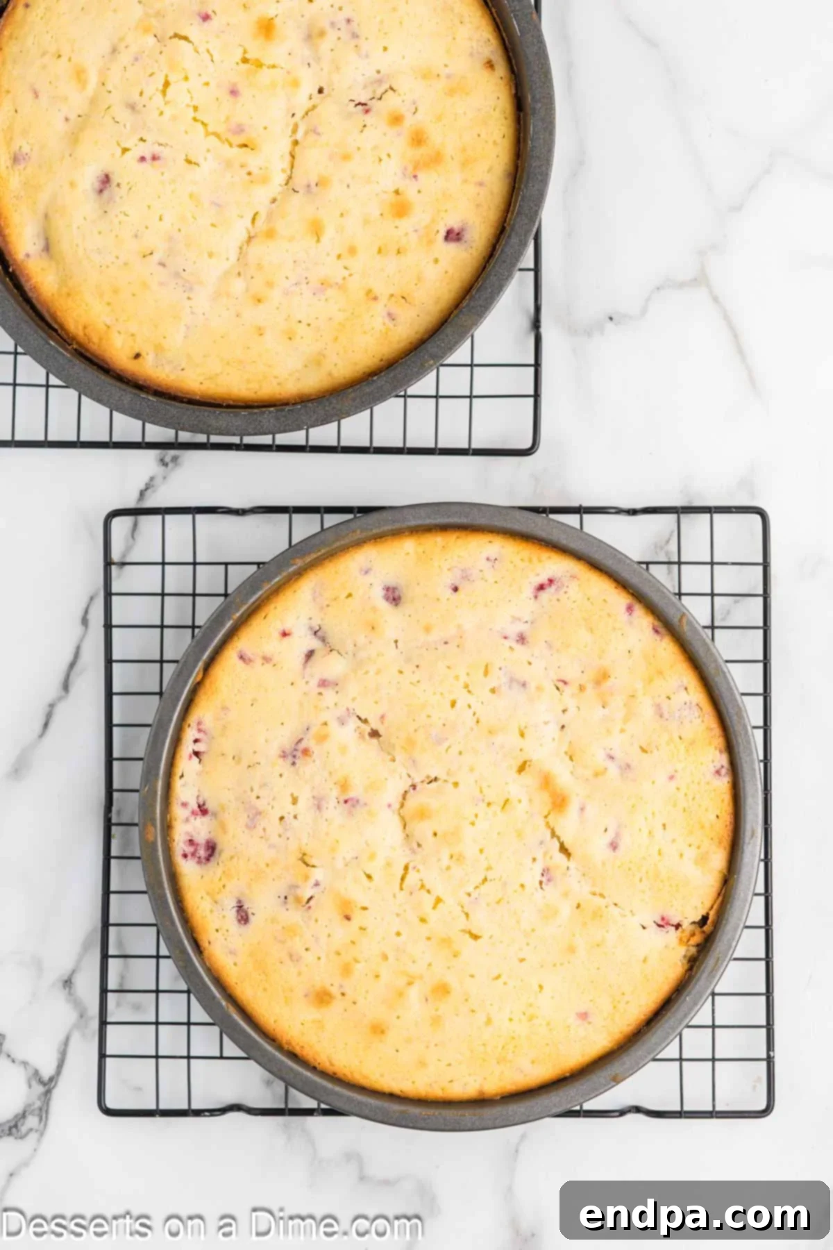 Lemon Berry Bliss 10 Baked lemon raspberry cake layers cooling in their pans.