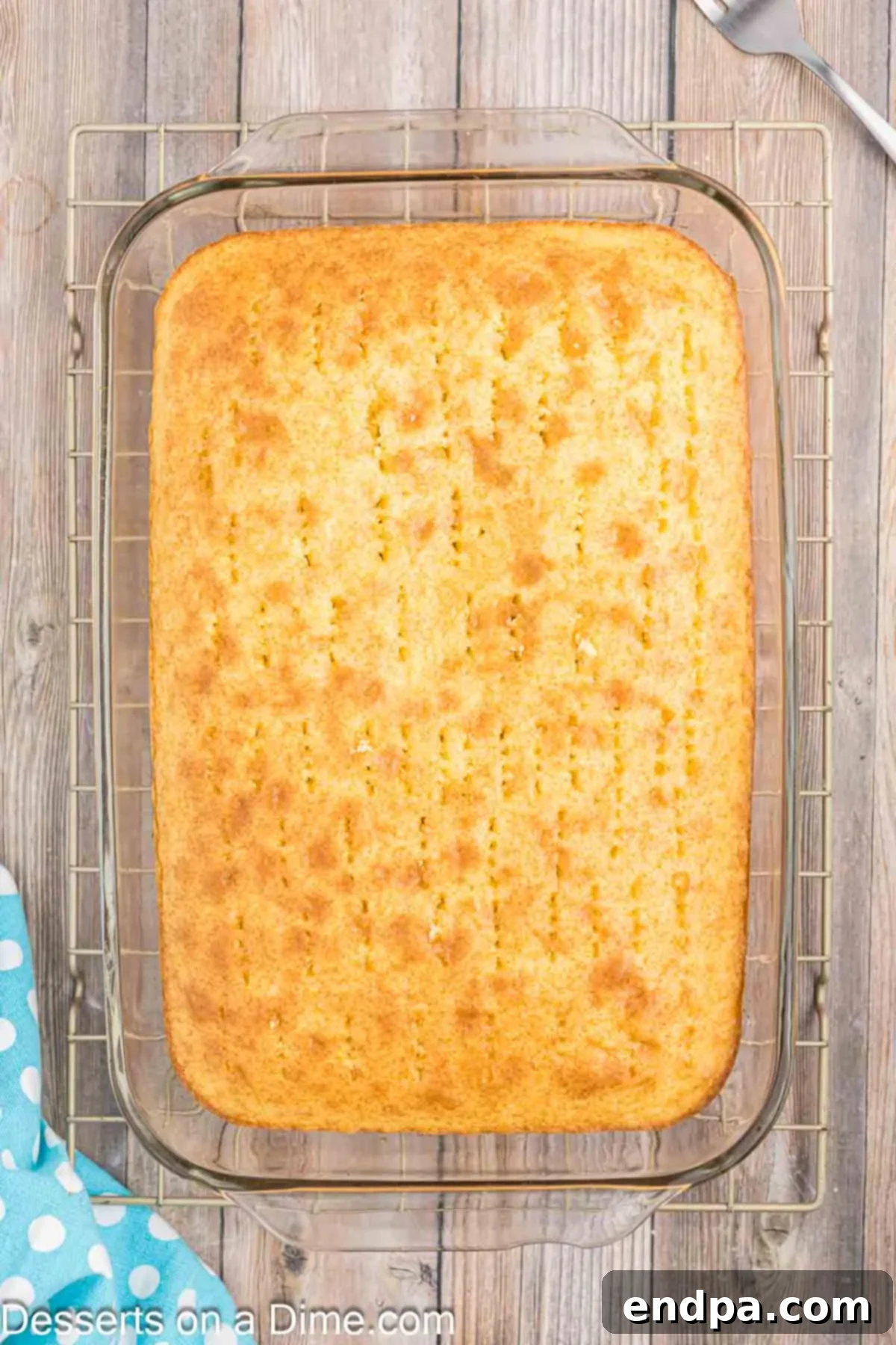 Velvet Orange Dream Cake 7 Warm orange cake with numerous evenly spaced holes poked across its surface, ready to absorb the gelatin mixture.