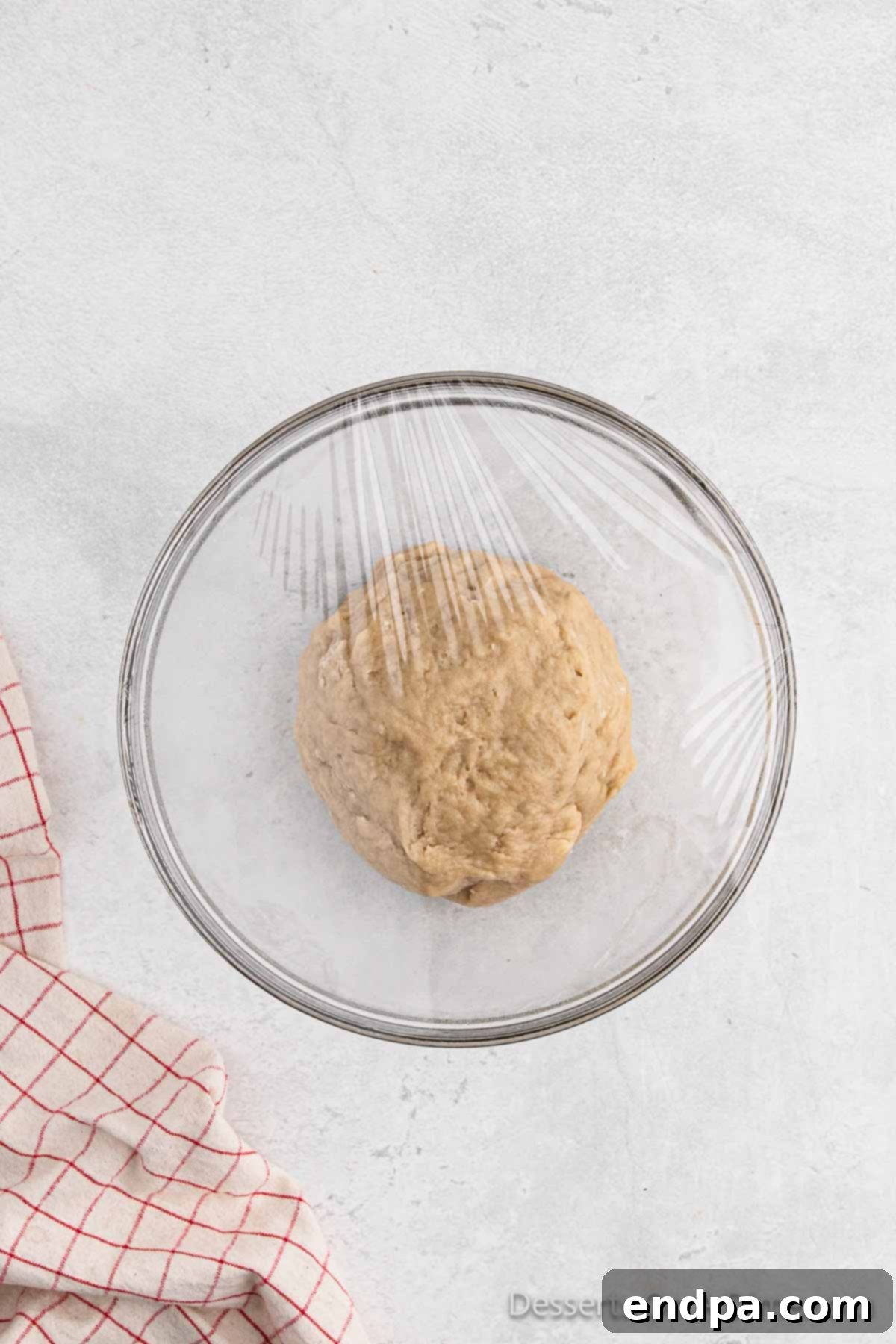 A smooth, round ball of dough resting in a lightly greased bowl, covered for its first rise.