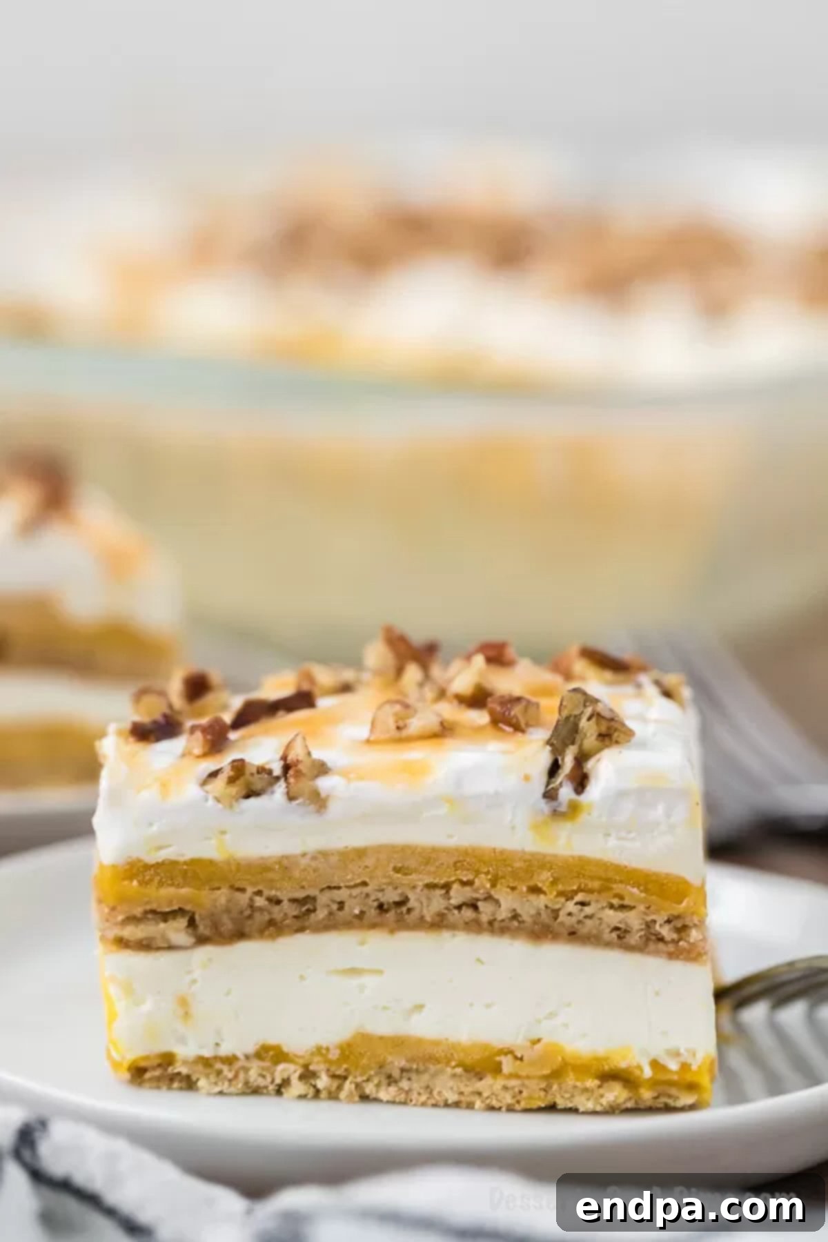 A perfectly portioned slice of creamy pumpkin lasagna sits on a pristine white serving plate, showcasing its distinct layers of graham cracker crust, cheesecake, pumpkin, and whipped topping, drizzled with caramel and sprinkled with pecans.