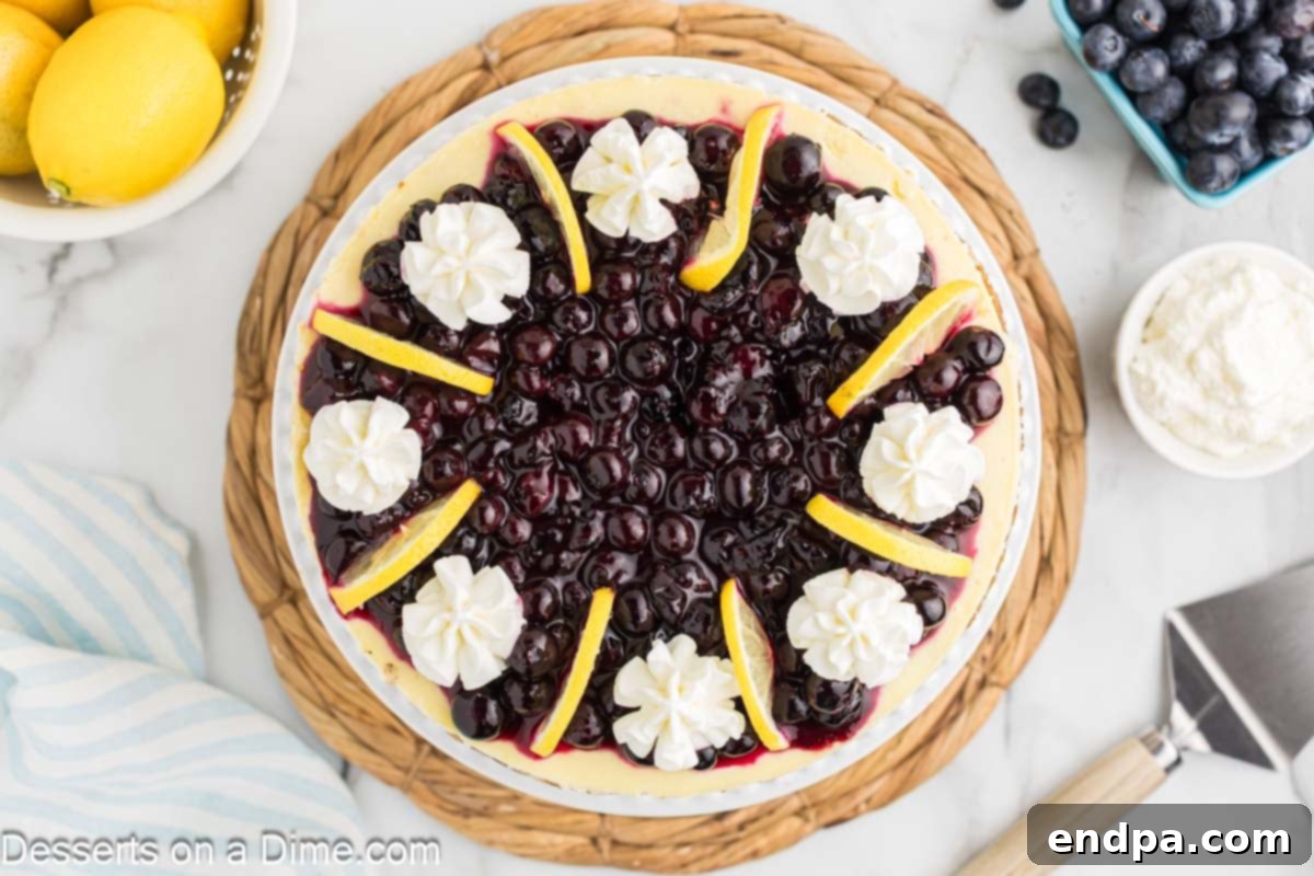 Heavenly Lemon Blueberry Cheesecake 2 Vibrantly topped Lemon Blueberry Cheesecake garnished with fresh lemon slices and ready to be served on a pristine white platter.