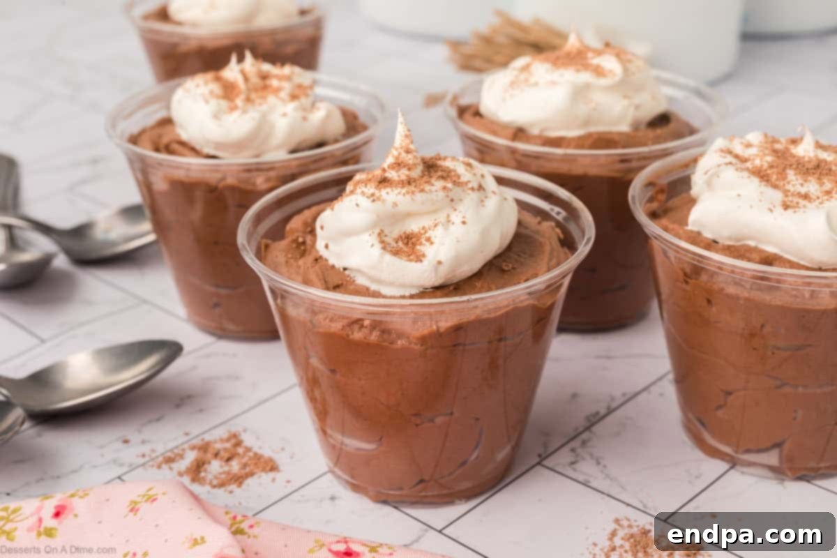 Chocolate mousse cups arranged beautifully with whipped cream and chocolate shavings.