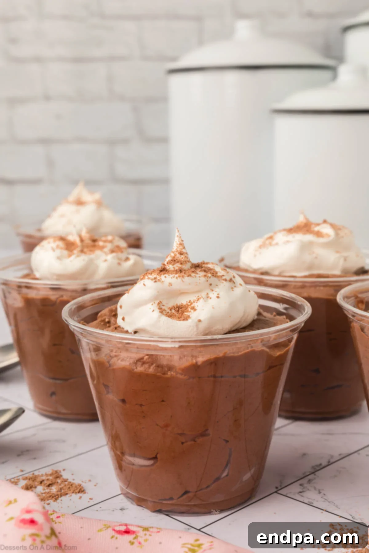 Chocolate mousse divided into cups and topped with whipped cream and chocolate shavings.