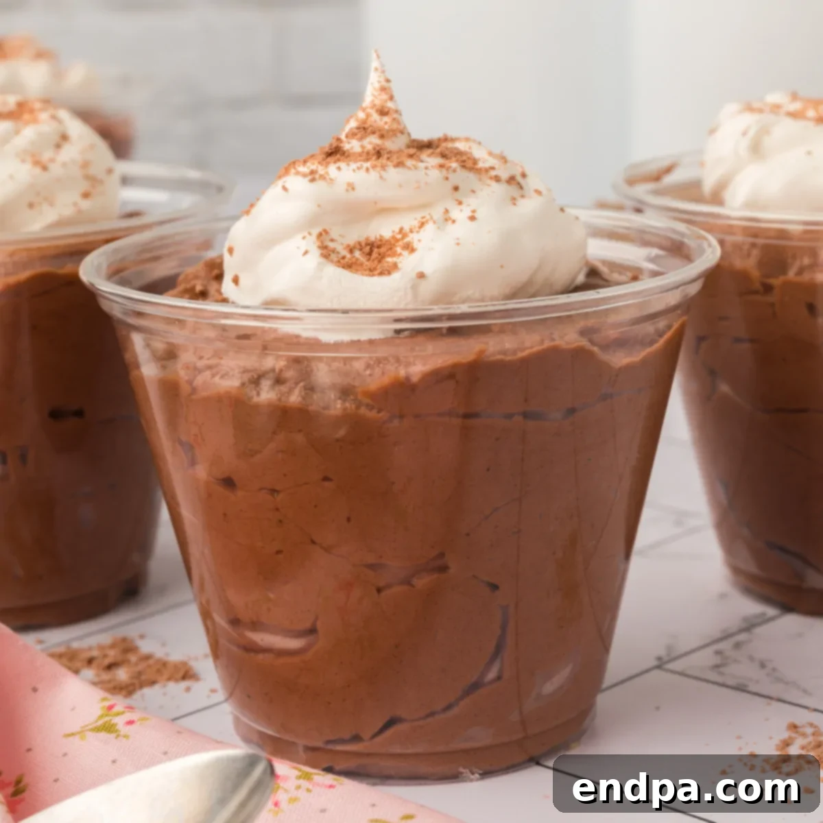 A perfectly portioned chocolate mousse cup topped with whipped cream and chocolate shavings.