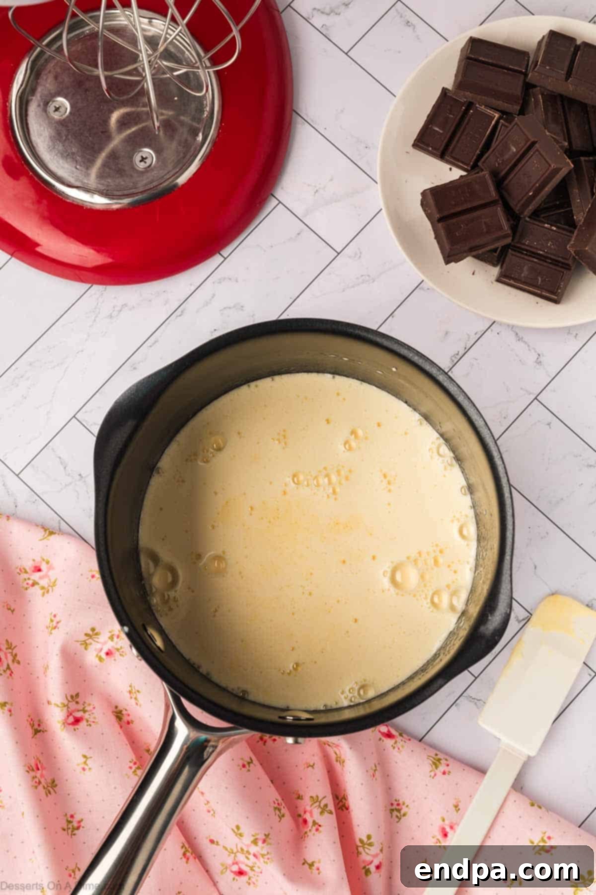 Egg and cream mixture poured back into the saucepan.
