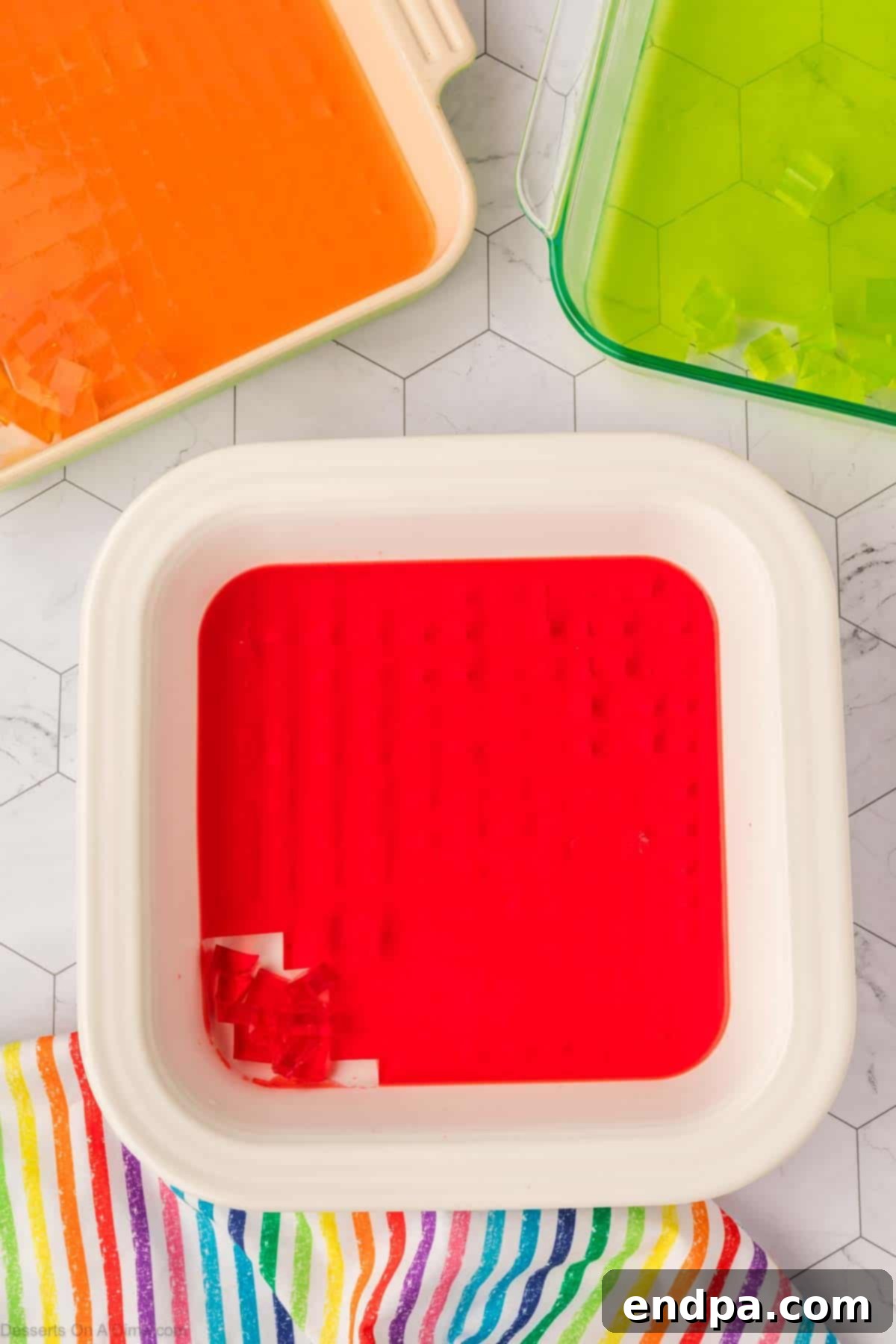 Vibrant Mosaic Gelatin 5 Jello cut into cubes.