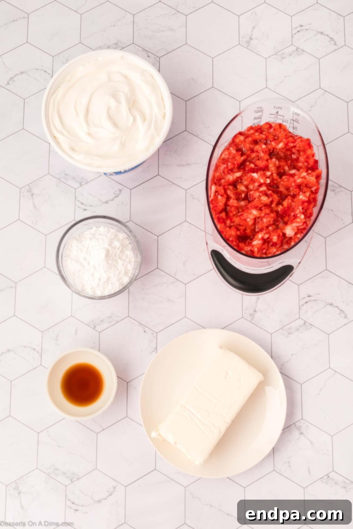 Cheesecake Cloud 3 Ingredients for cheesecake fluff: softened cream cheese, powdered sugar, vanilla extract, whipped topping, and fresh strawberries.