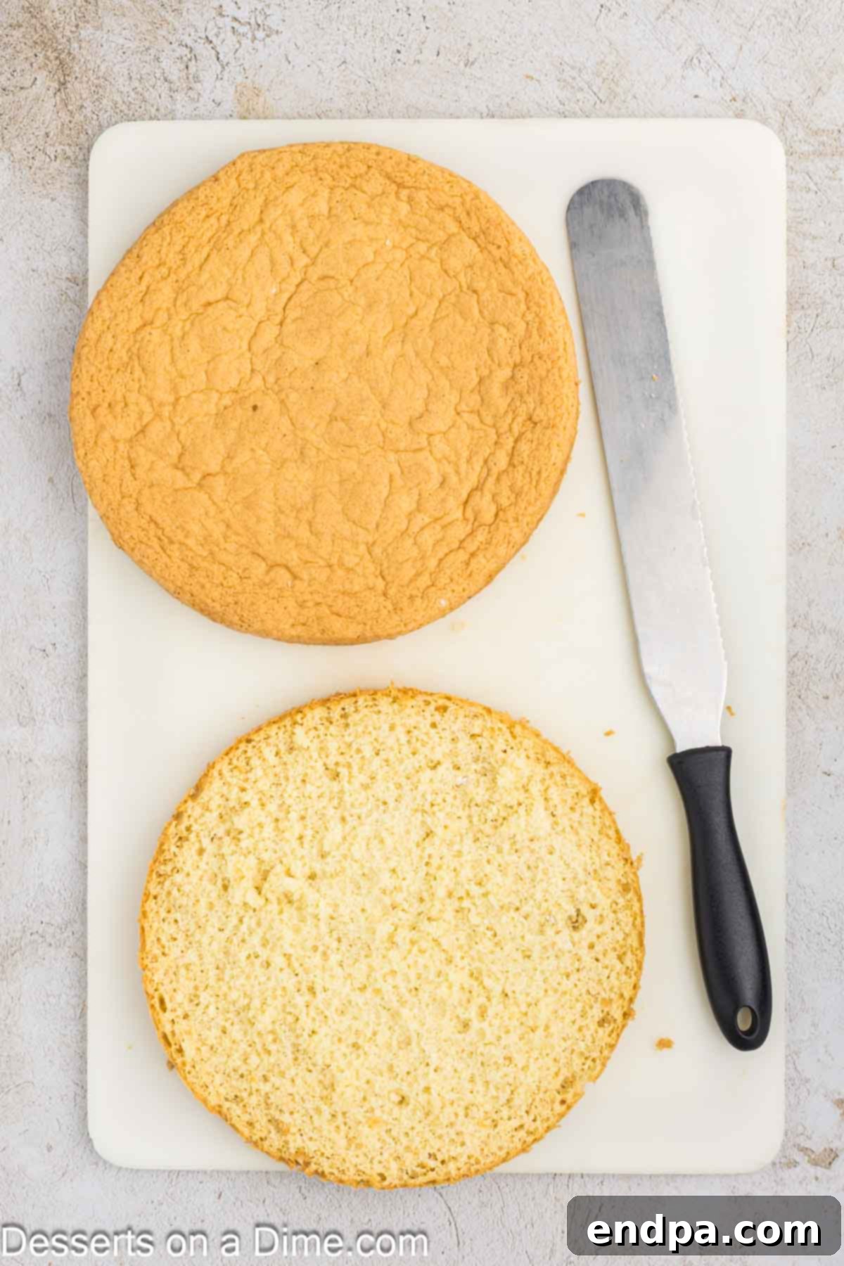 Fully cooled and chilled cake layers being sliced horizontally into thinner layers with a serrated knife.