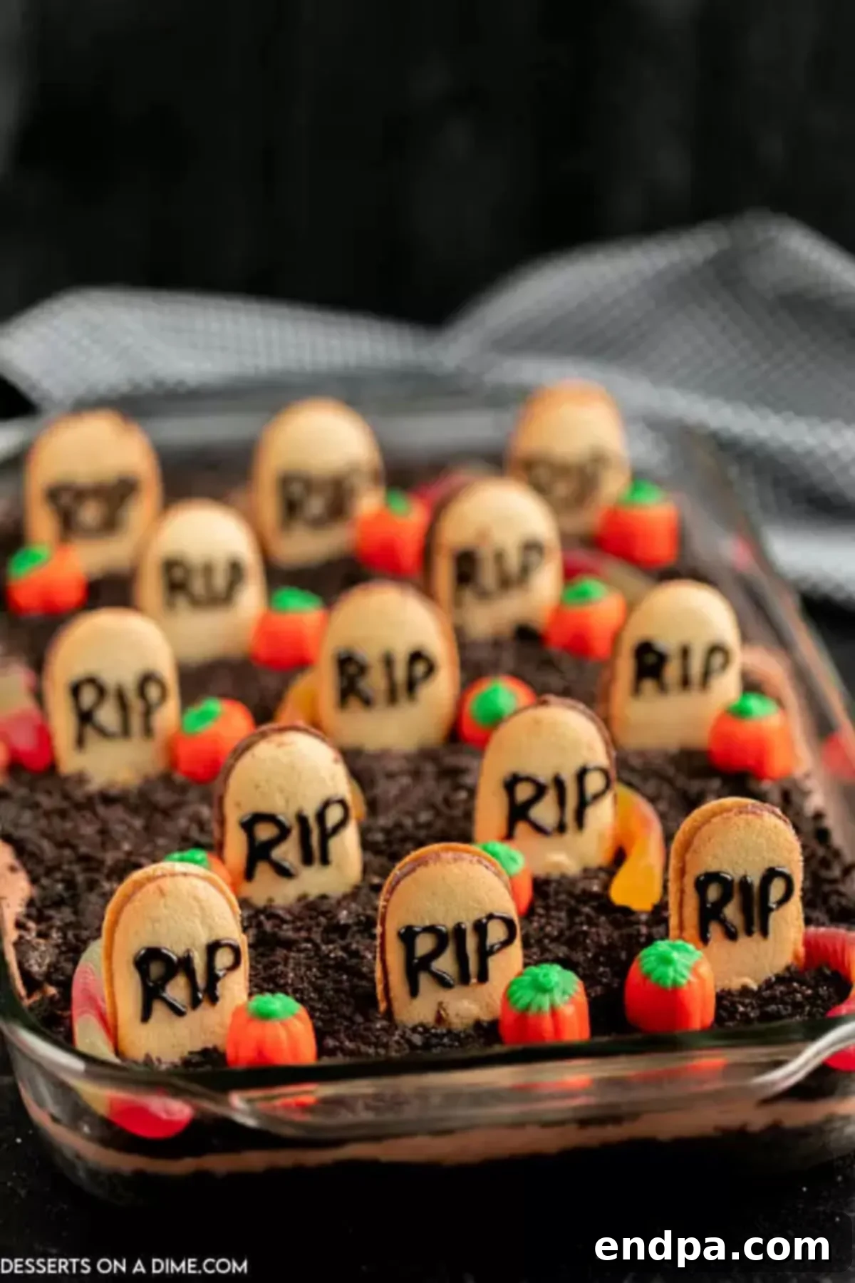 Halloween Dirt Cake in a baking dish, fully assembled before decoration.