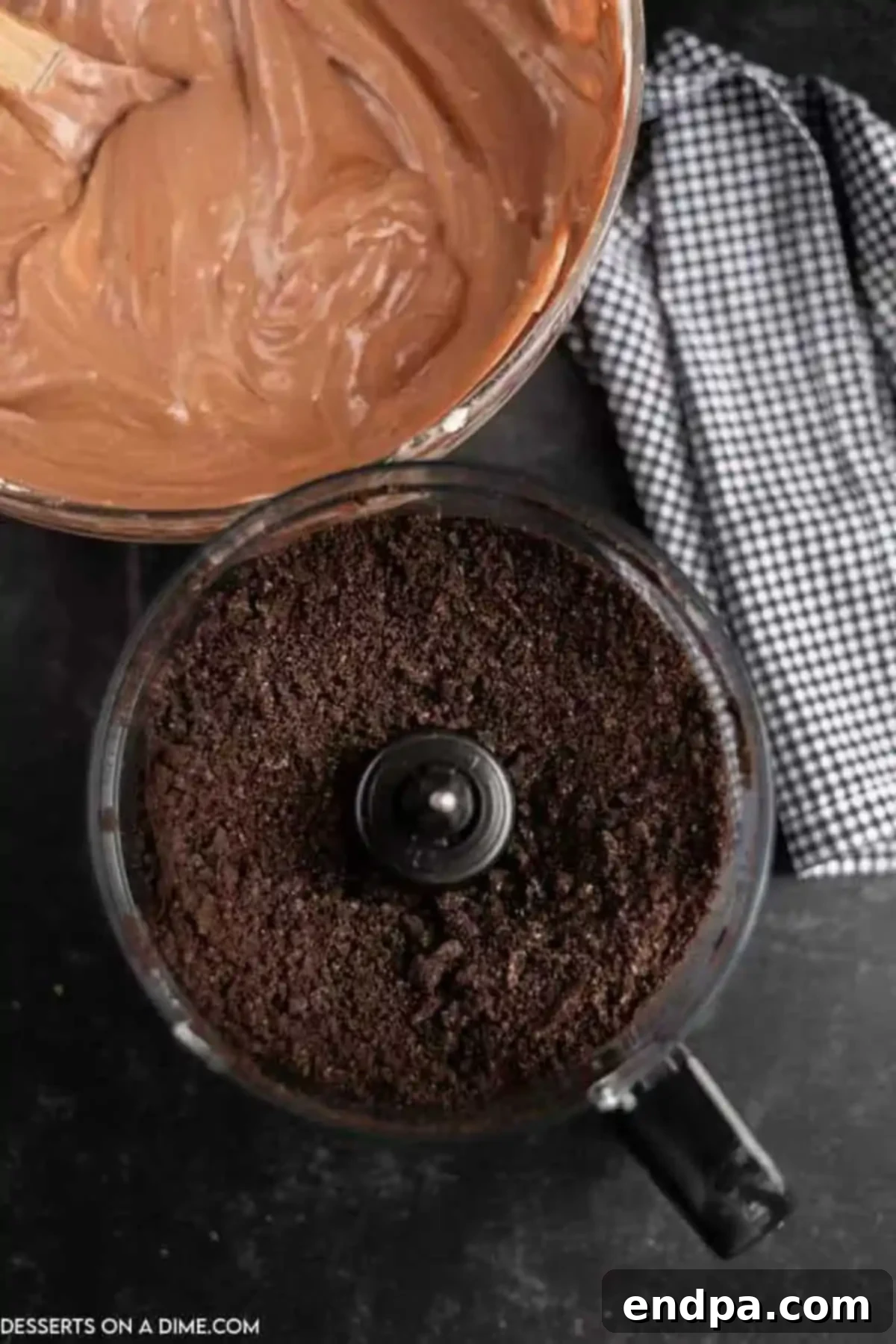 Oreo crumbs in a food processor, finely crushed.