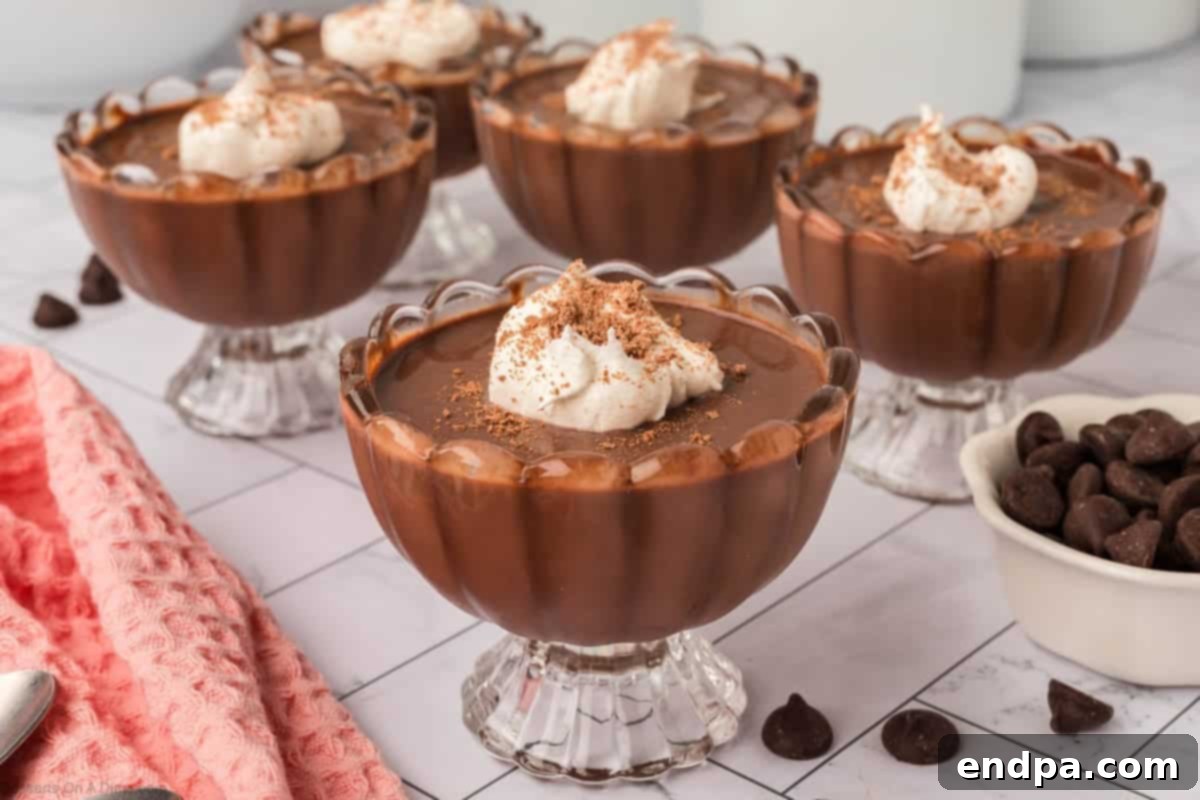 Velvety Dark Chocolate Pudding 2 Dark Chocolate pudding in elegant glass cups topped with swirls of whipped cream, ready to be served as a gourmet dessert.