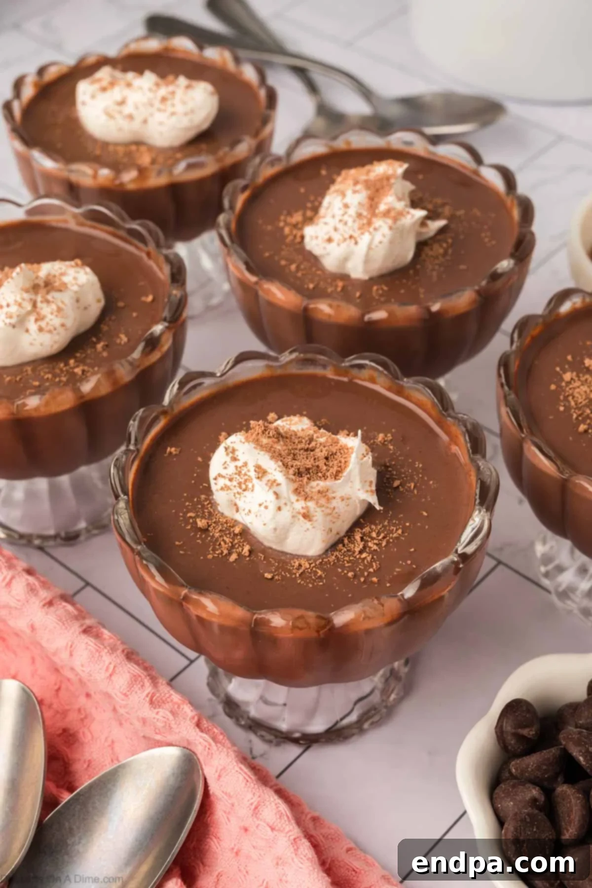 Velvety Dark Chocolate Pudding 8 Six individual servings of dark chocolate pudding in glass cups, elegantly topped with whipped cream and a sprinkle of cocoa powder, presented on a light wooden surface.
