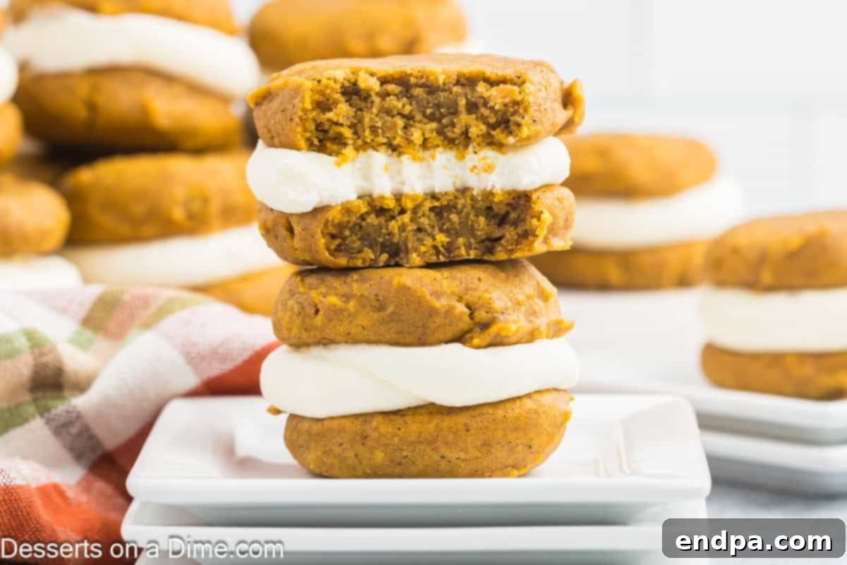Autumn Pumpkin Cream Pies 2 Pumpkin Whoopie Pies stacked together on a rustic wooden platter, adorned with fall leaves and cinnamon sticks.