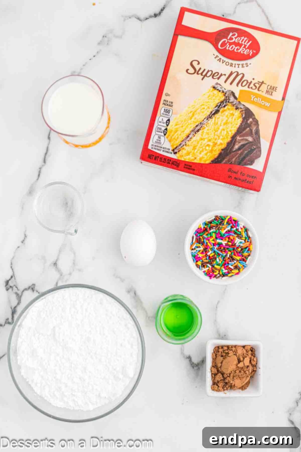 Ingredients for cake mix donuts - cake mix, egg, oil, milk, powdered sugar, milk, powdered sugar, vanilla.