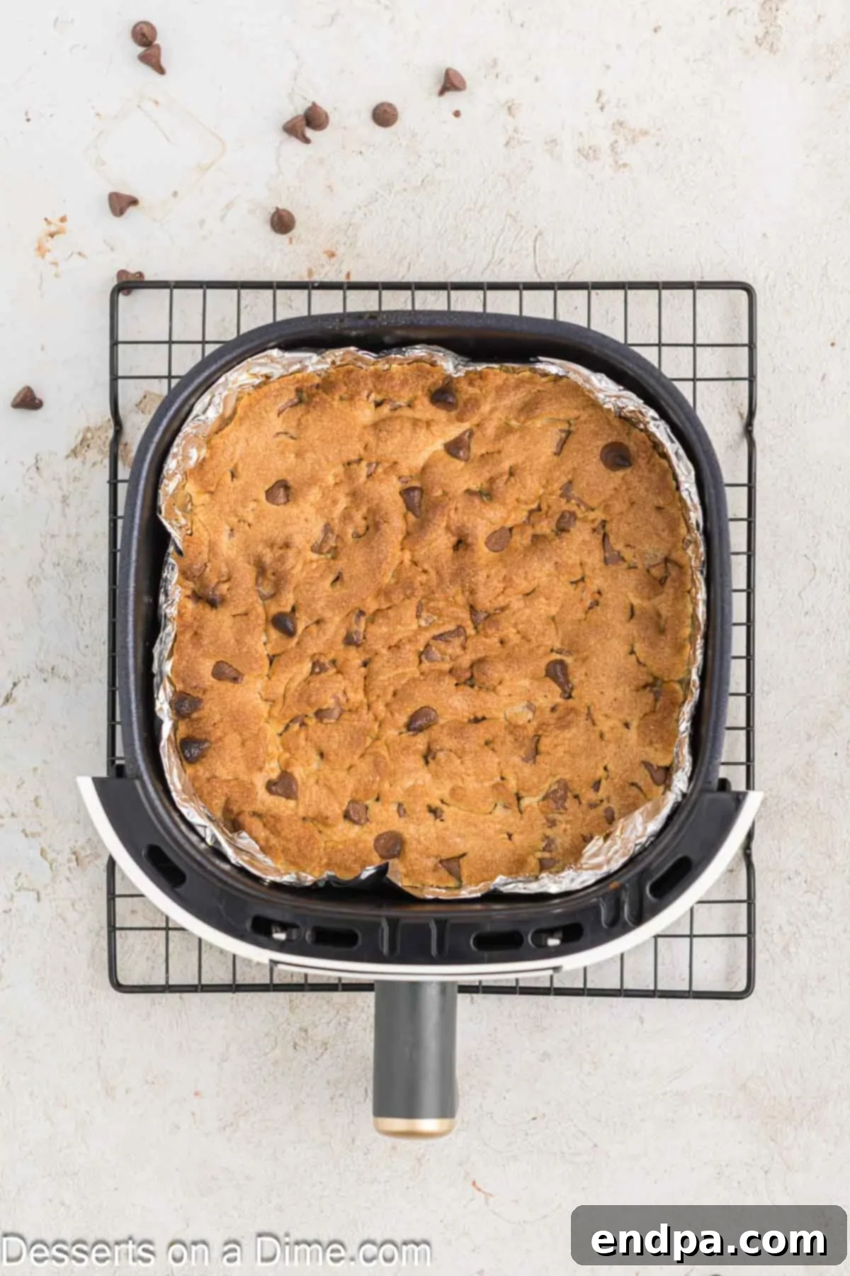 Warm & Gooey Air Fryer Pizookie 9 A baked chocolate chip pizookie fresh from the air fryer, ready to be topped.