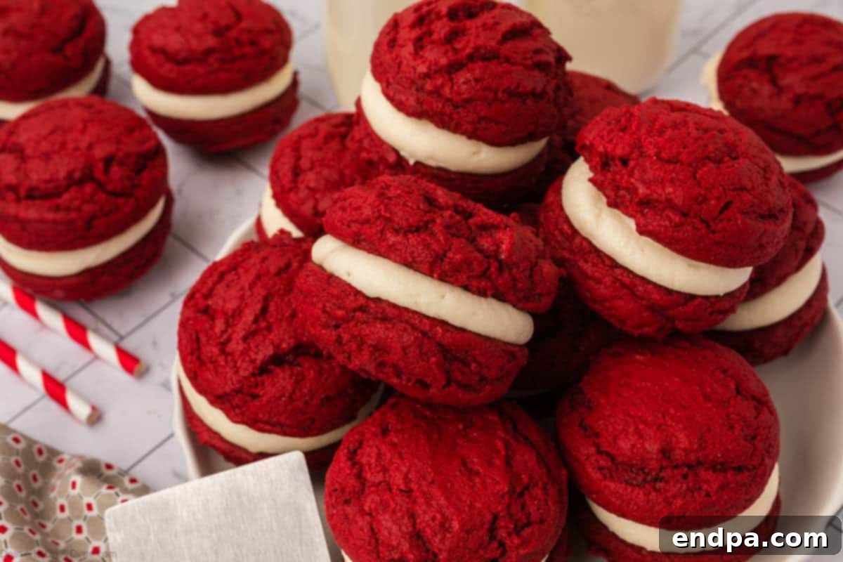 Red Velvet Sandwich Cookies stacked together on a platter, showcasing their vibrant red and white layers.