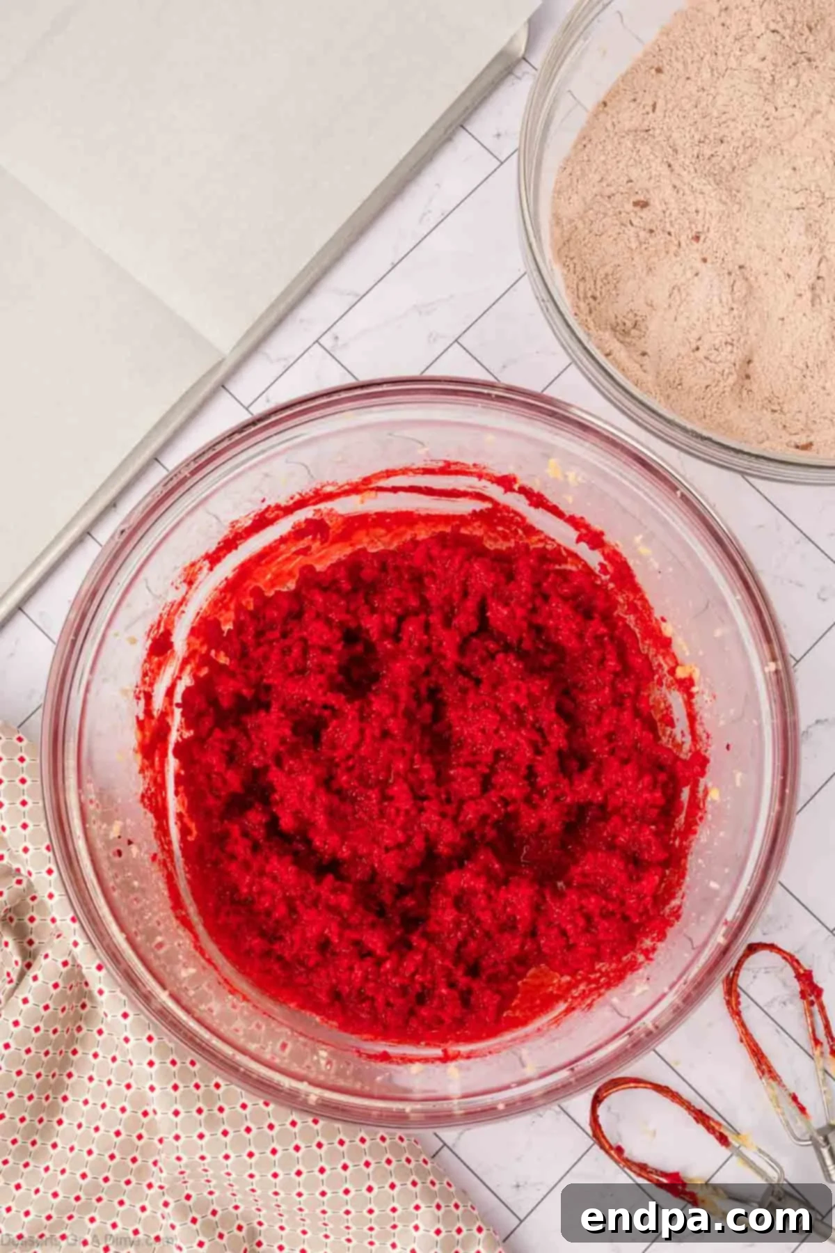 Wet ingredients including egg and red food coloring mixed into the creamed butter and sugar batter.