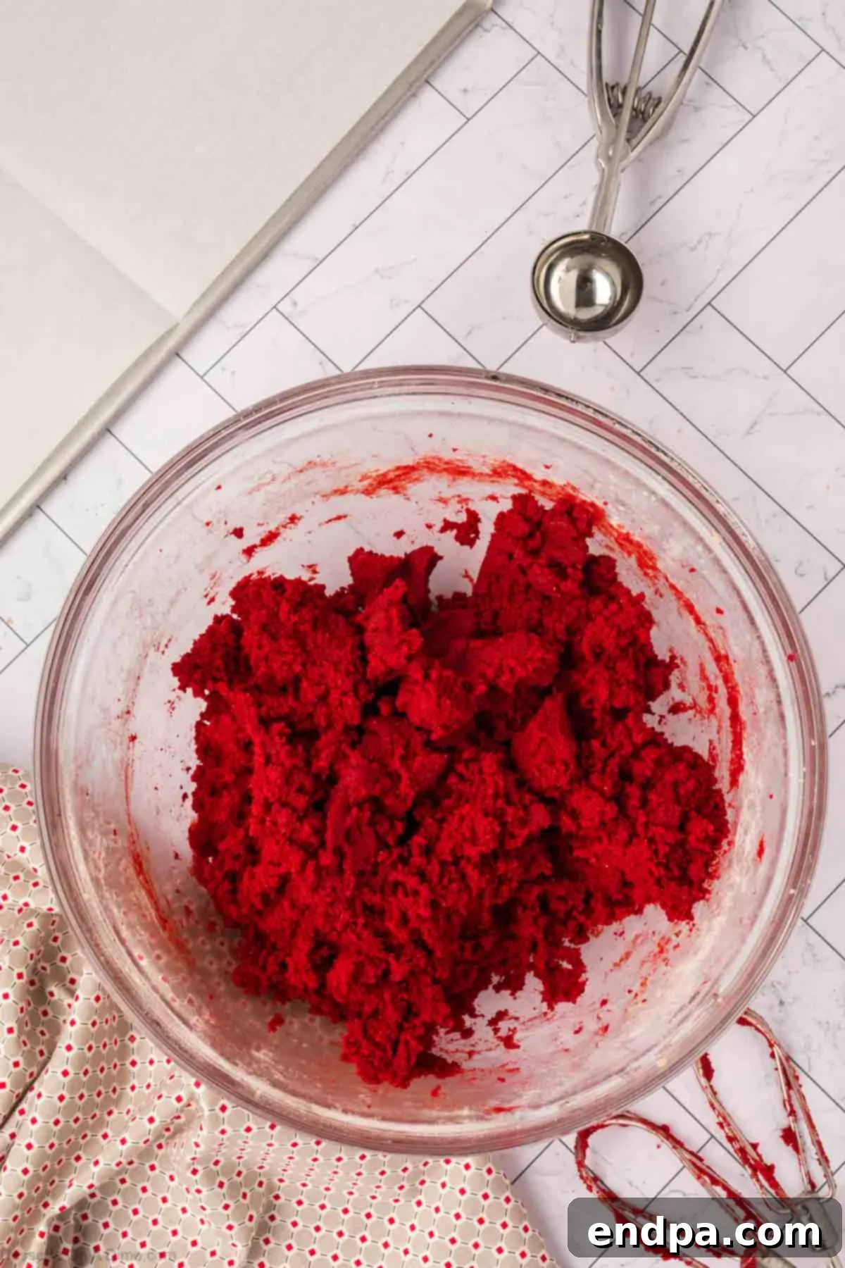 Red velvet cookie dough combined until just blended.