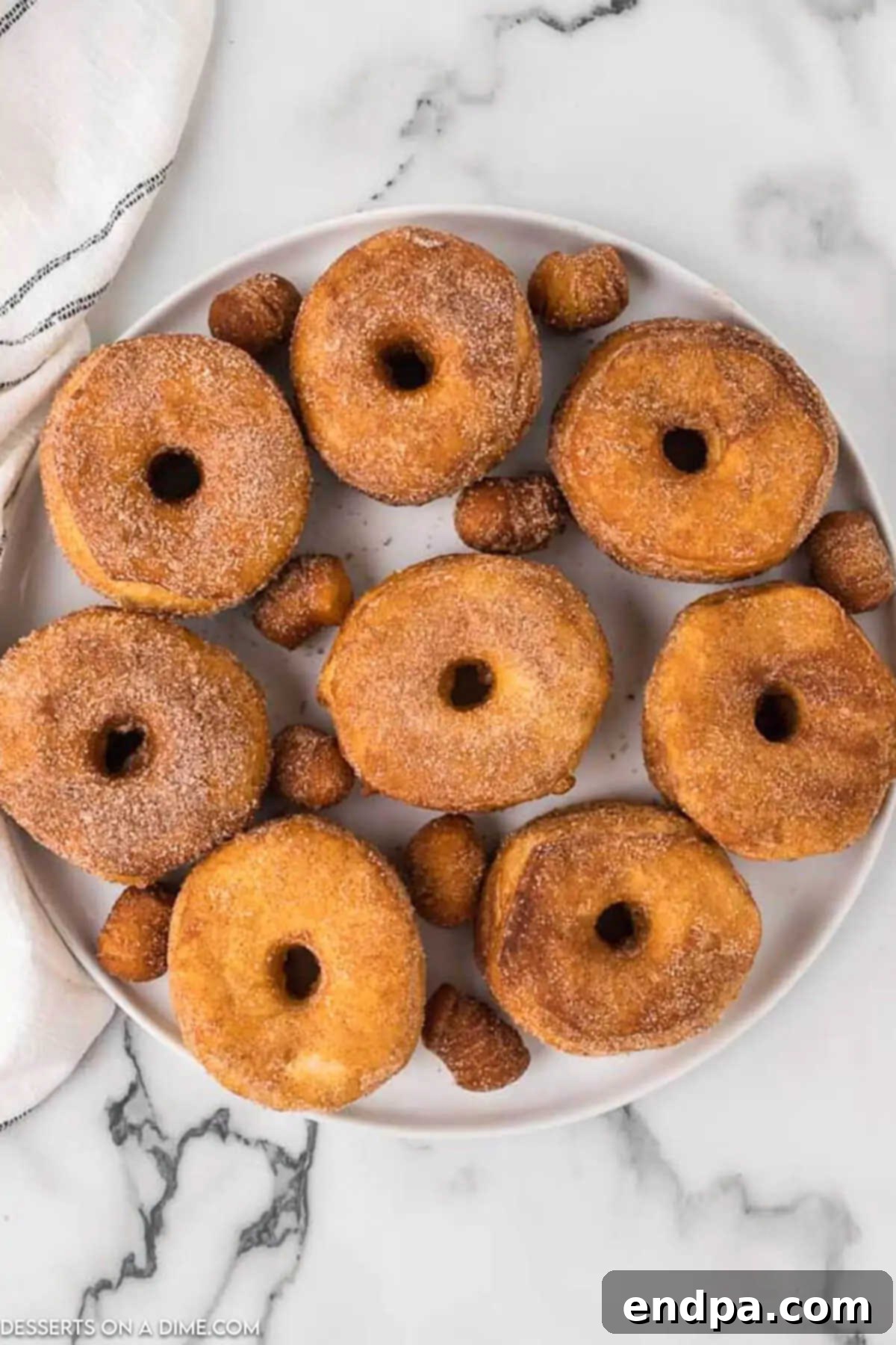 A serving tray laden with a tempting assortment of cinnamon sugar biscuit donuts and small, sweet donut holes, all freshly made and ready to be enjoyed.