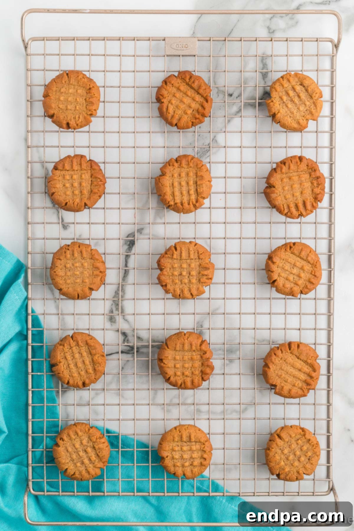 Decadent Keto Peanut Butter Cookies 7 Freshly baked Keto Peanut Butter Cookies cooling on a wire rack after being removed from the oven.