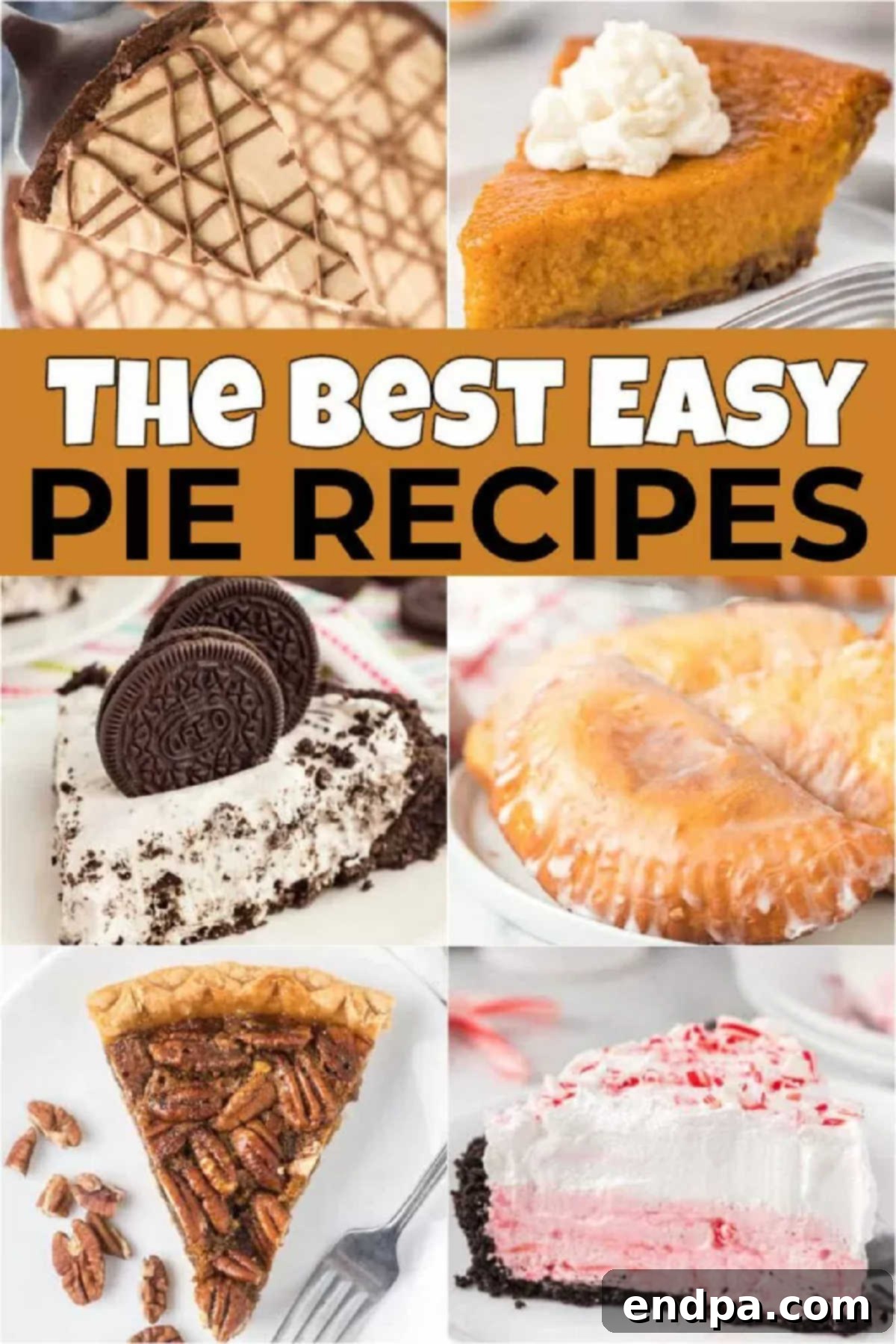 39 Must-Try Pie Recipes 2 A vibrant assortment of homemade pies, including fruit, cream, and chocolate varieties, beautifully arranged on a rustic table. These easy dessert ideas are perfect for holidays or any family gathering.