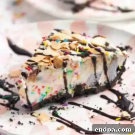 39 Must-Try Pie Recipes 5 A multi-layered Ice Cream Pie featuring a chocolate crust, vanilla ice cream, chunks of cake, chocolate syrup, toasted almonds, and sprinkles.