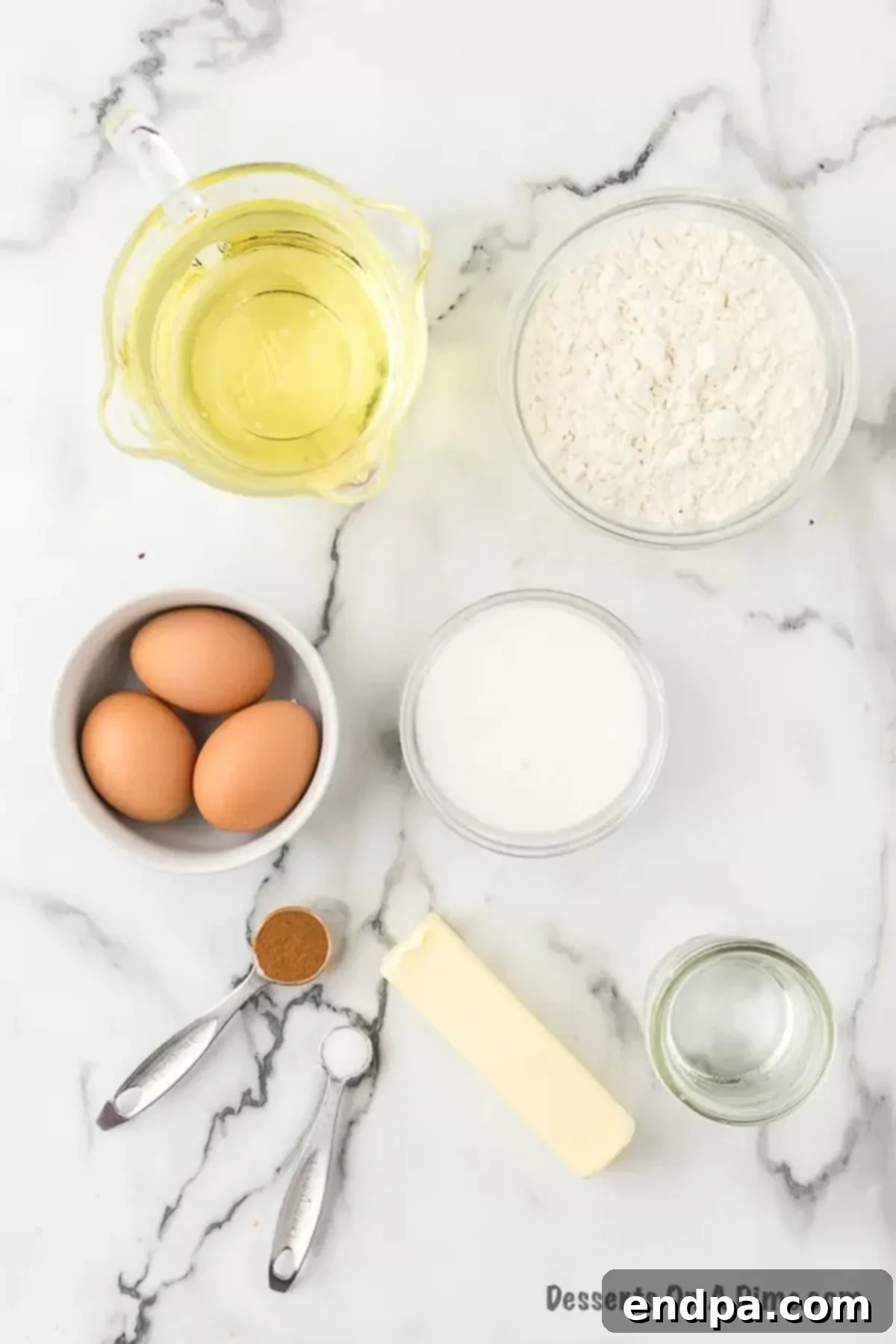 Ingredients for recipe: oil, flour, eggs, sugar, butter, seasoning. 