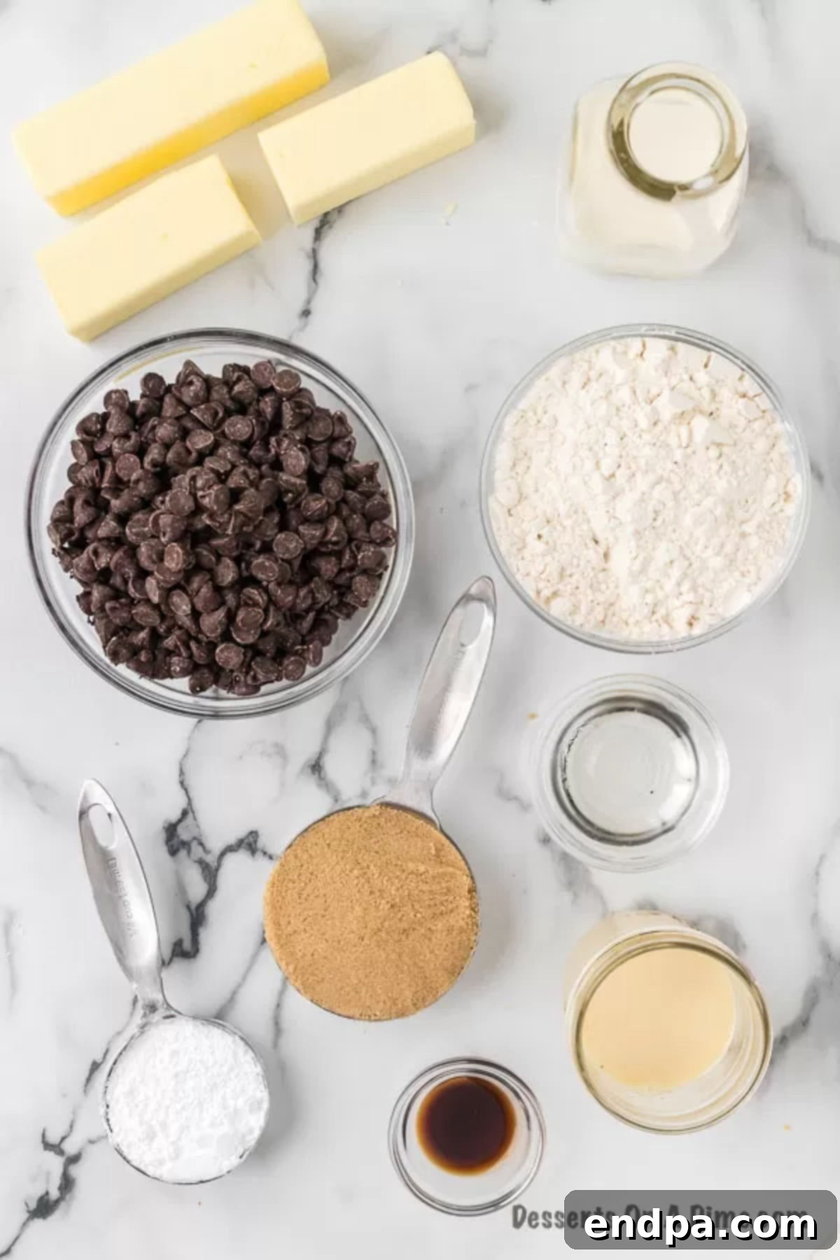 Make Your Own Twix Bars 3 Ingredients for Twix bars laid out: chocolate chips, flour, brown sugar, butter, vanilla extract.