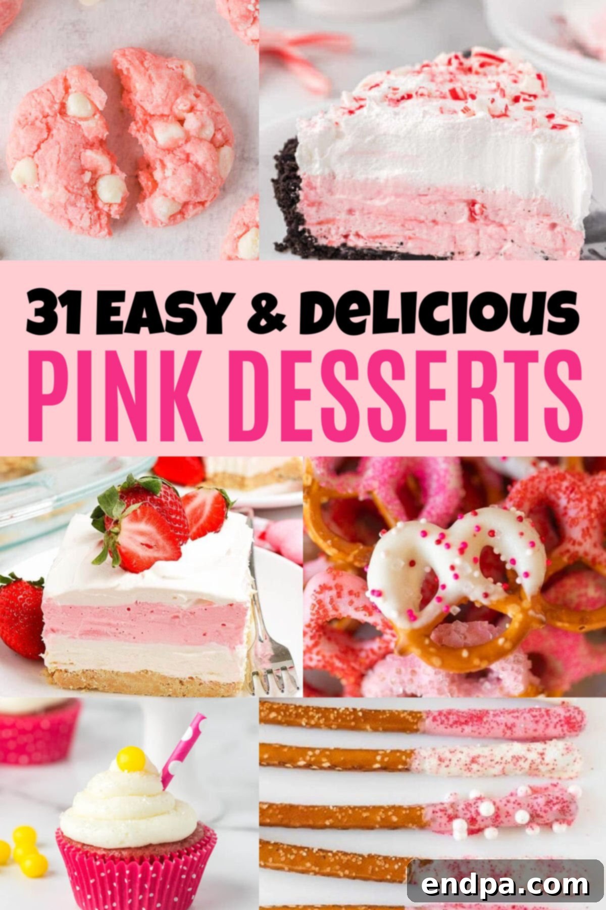 Blush Confections 2 A vibrant collection of various pink desserts, including cakes, cookies, and pies, artfully arranged to showcase their delightful hues and textures.